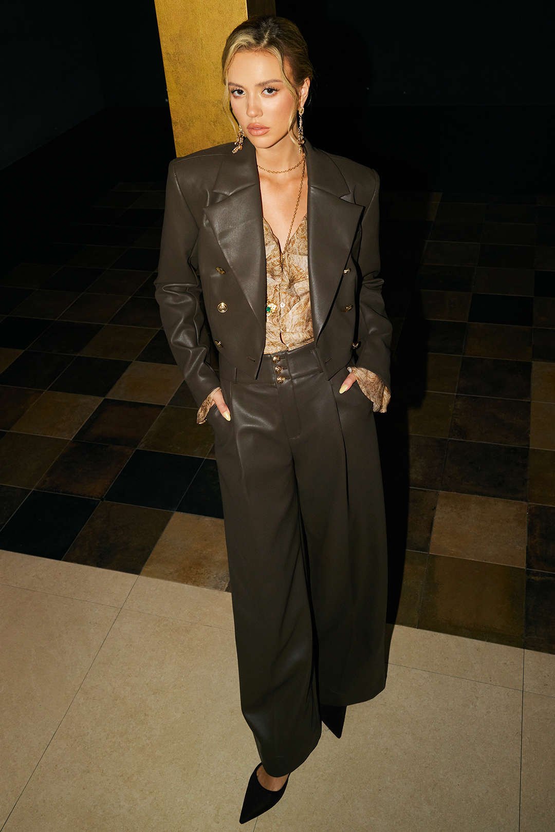Faux Leather Metallic Button Straight Leg Trousers