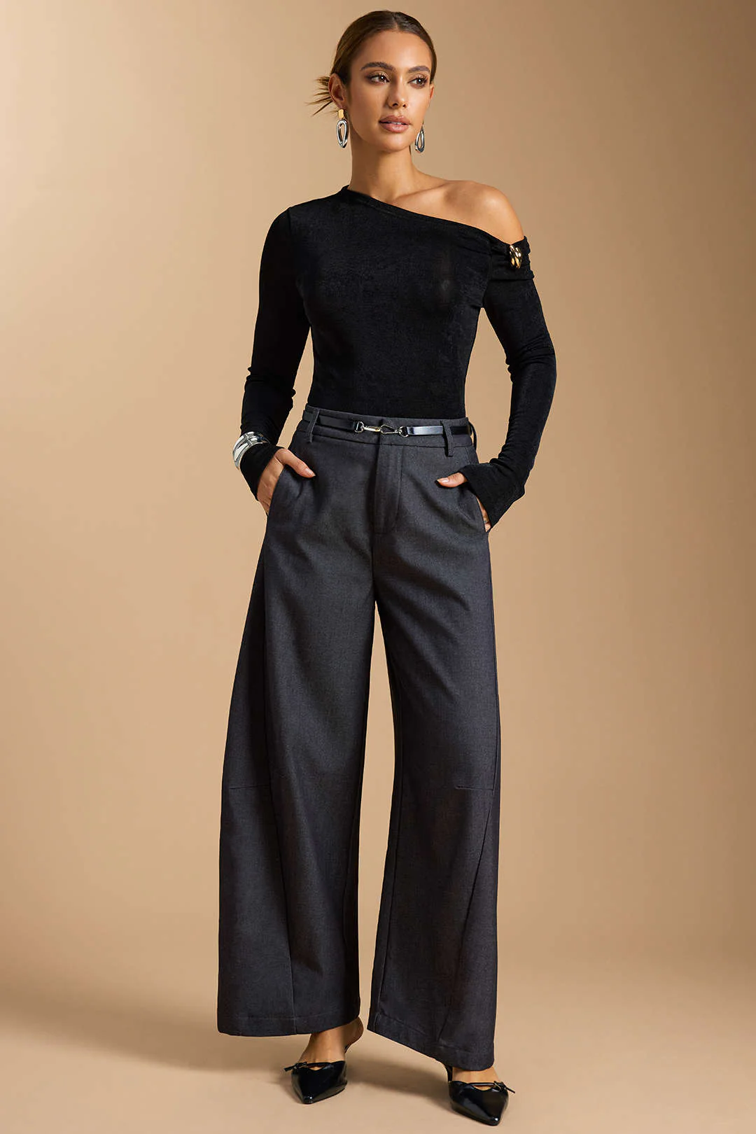 Zipper Belted Wide Leg Trousers