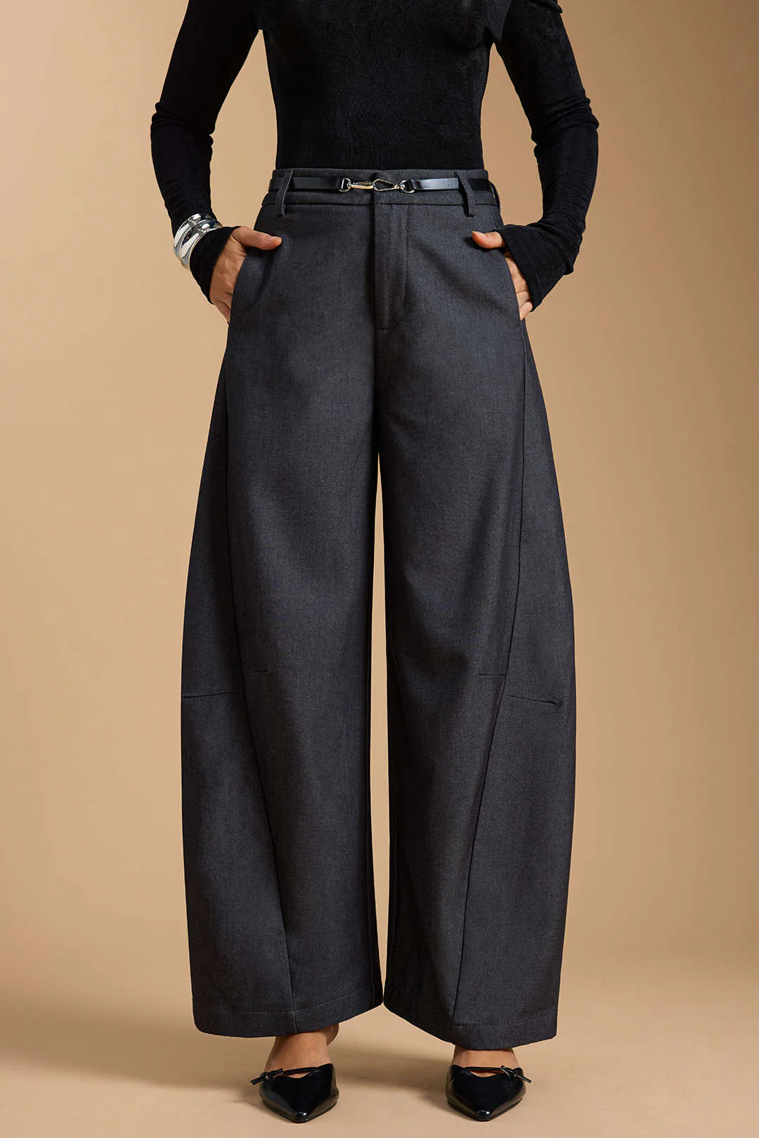 Zipper Belted Wide Leg Trousers - Image 2
