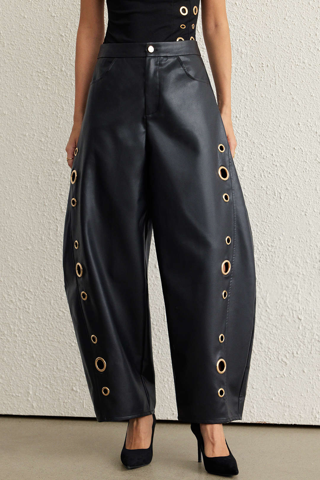 Faux Leather Metallic Zipper Hollow Out Ring Trousers - Image 6