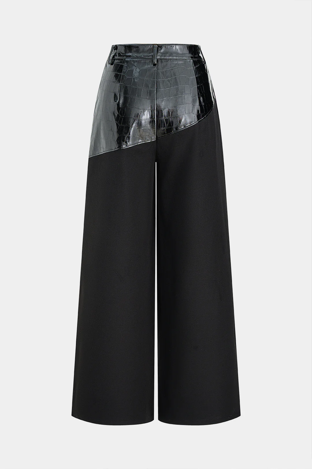 Faux Leather Patchwork Asymmetrical Straight Leg Pants - Image 2