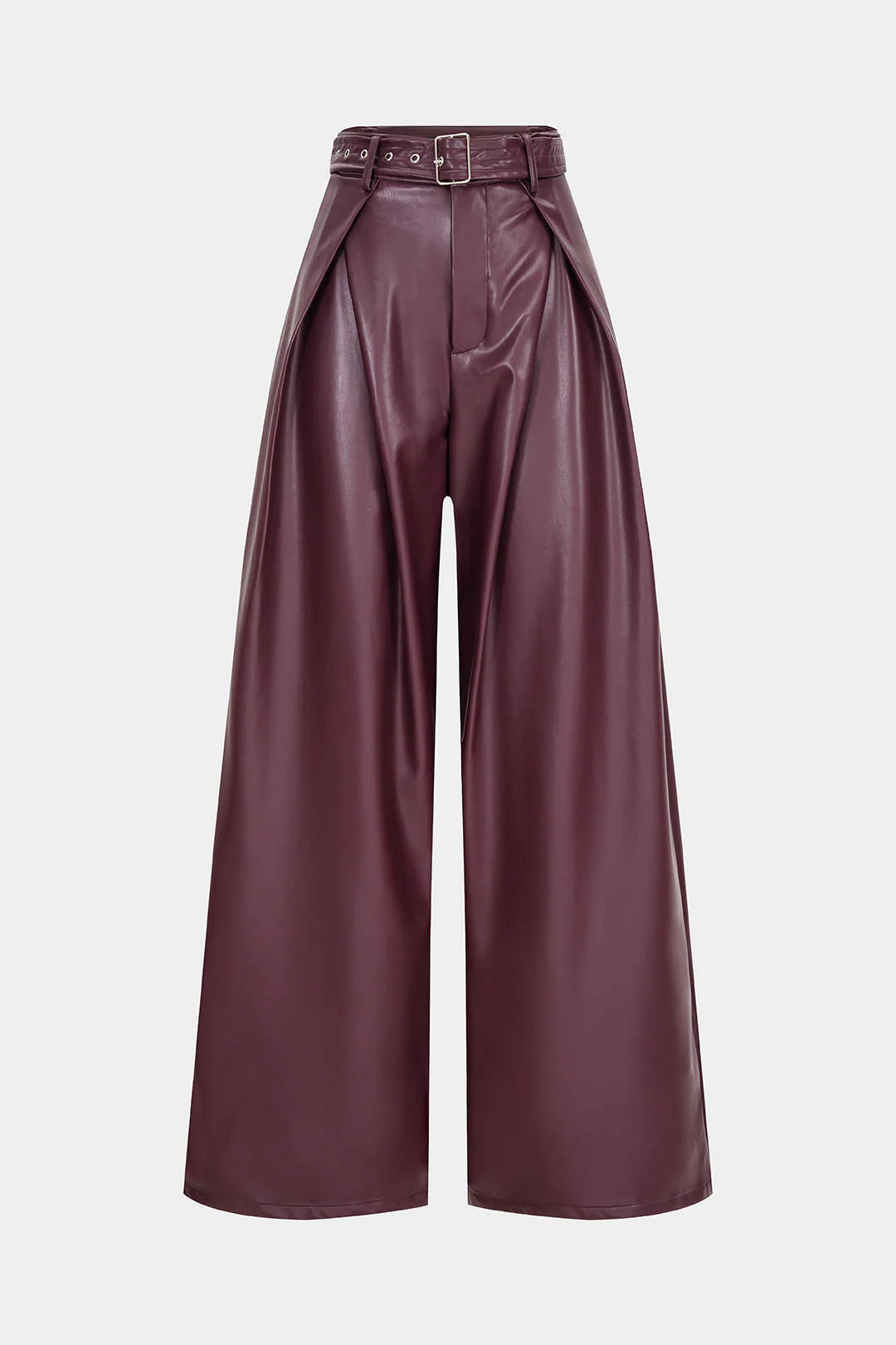 Faux Leather Belted Ruched Wide Leg Pants