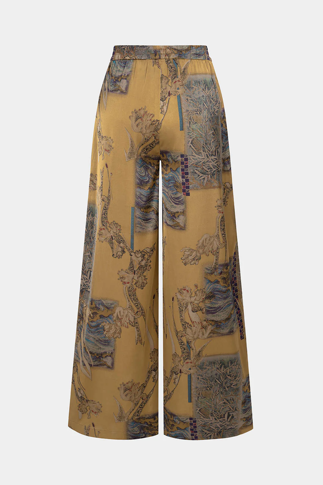 Abstract Print Satin Shirred Waistband Wide Leg Pants - Image 2