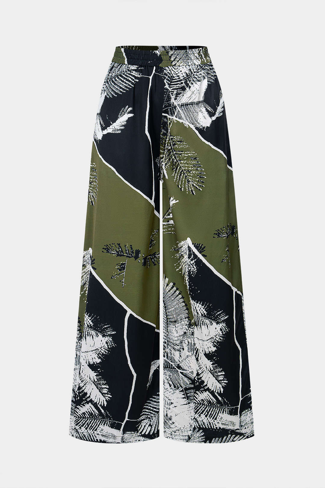 Leaves Contrast Print Satin Shirred Waistband Wide Leg Pants