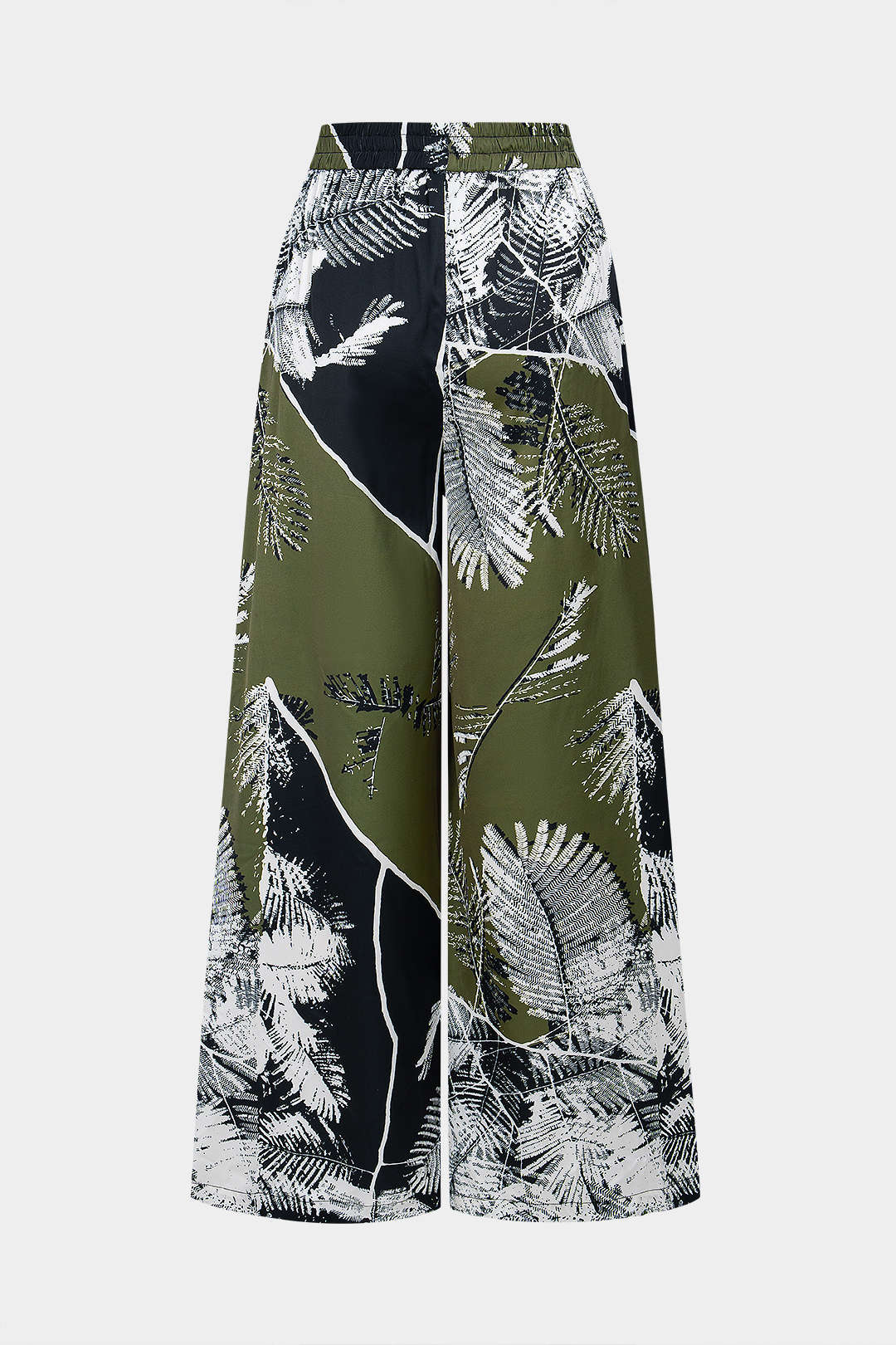 Leaves Contrast Print Satin Shirred Waistband Wide Leg Pants - Image 2