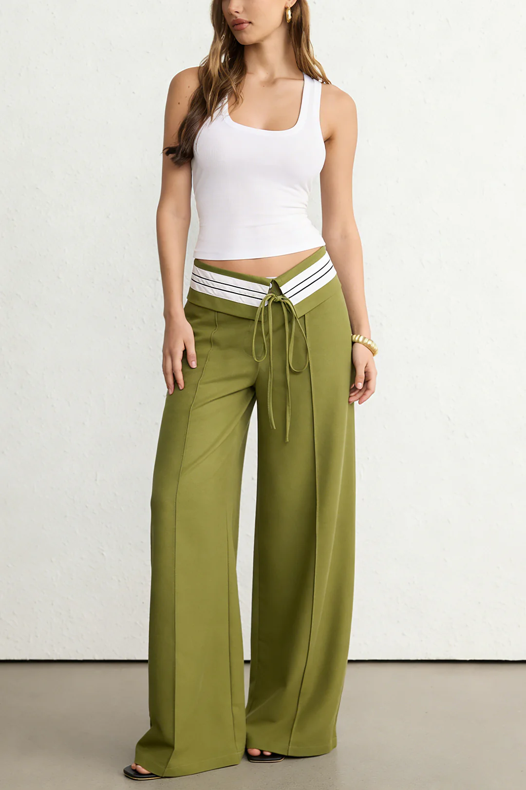 Contrast Linen Asymmetrical Tie-Up Straight Leg Pants - Image 2