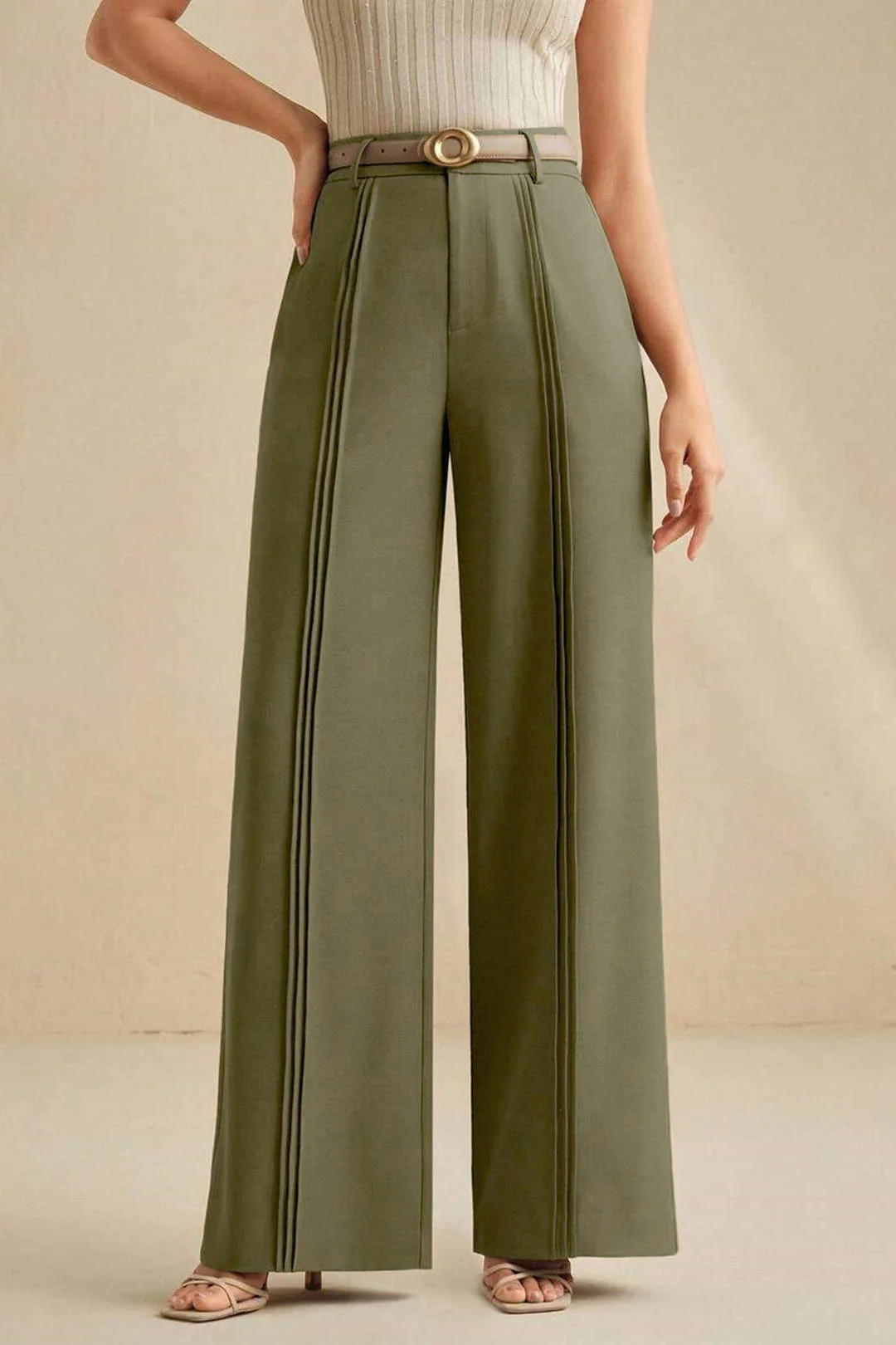 Solid Pleated Straight Leg Pants