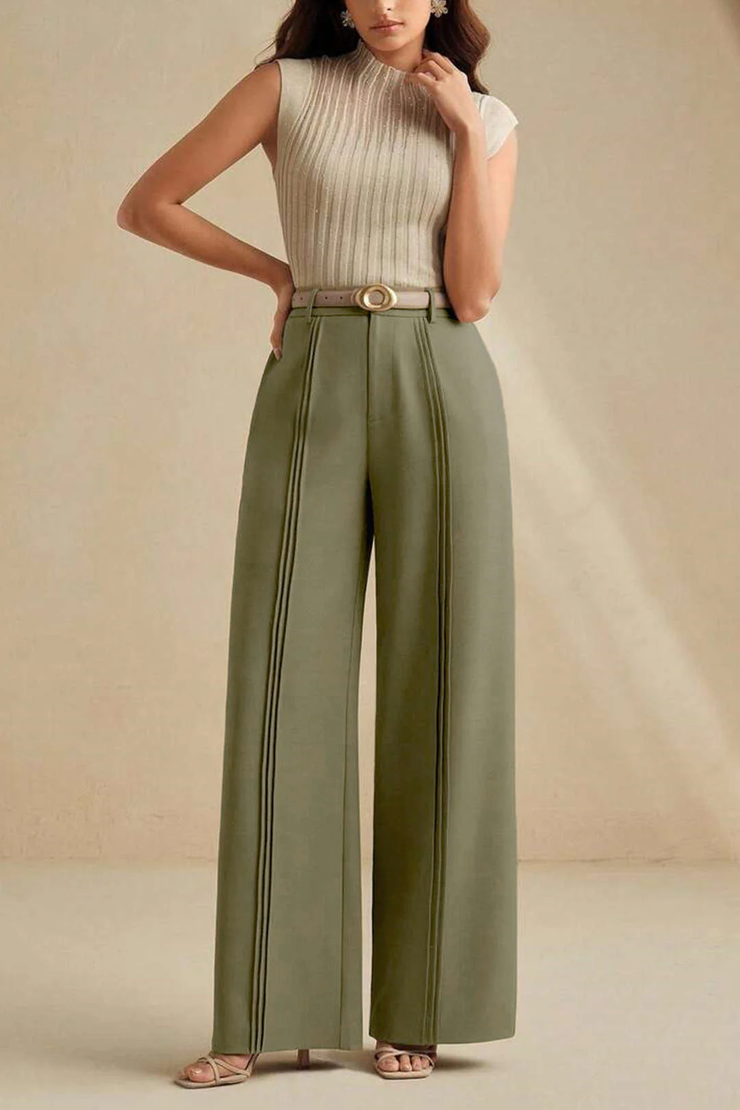 Solid Pleated Straight Leg Pants - Image 3