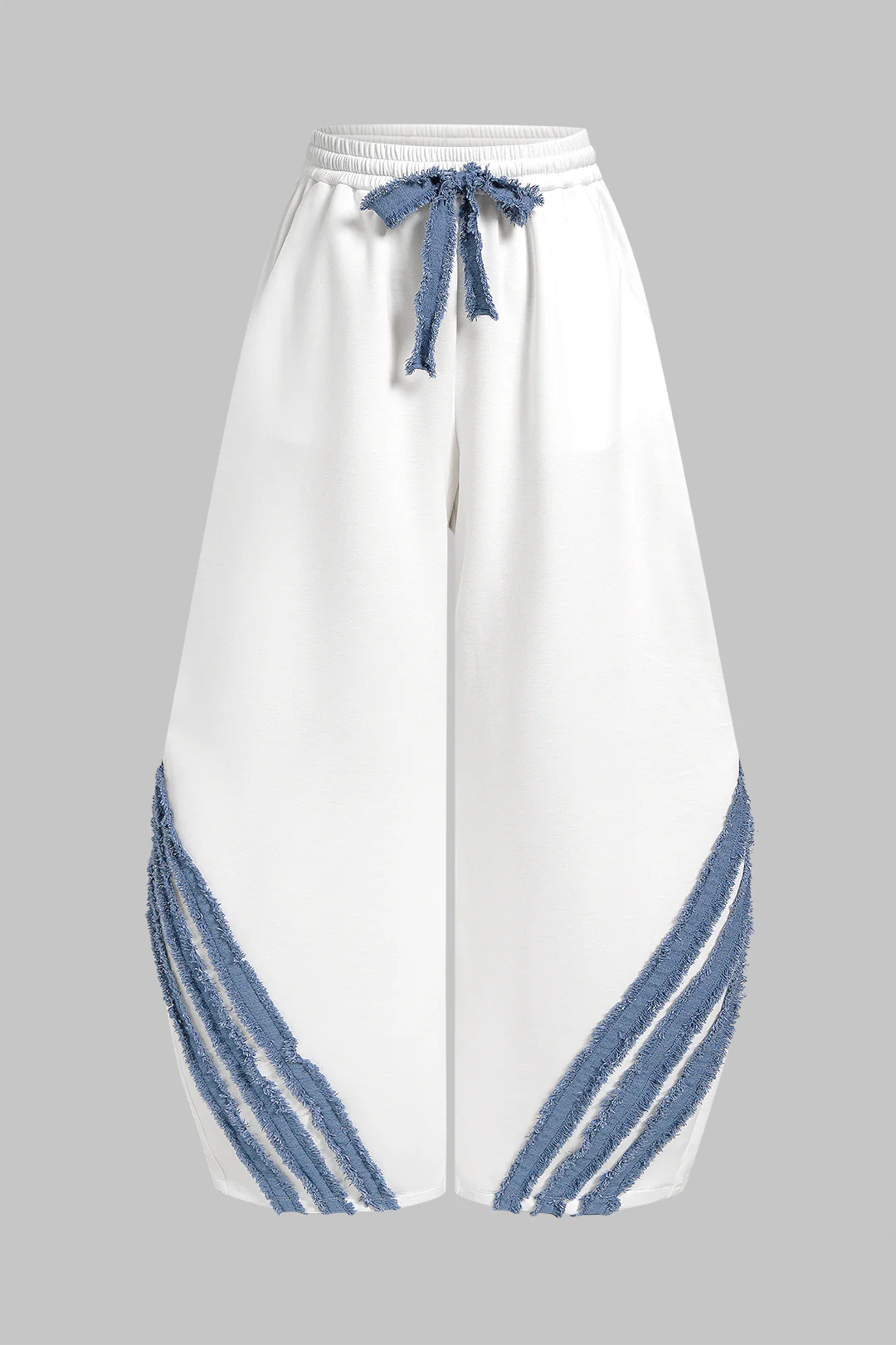 Striped Patchwork Denim Tie-Up Wide Leg Pants