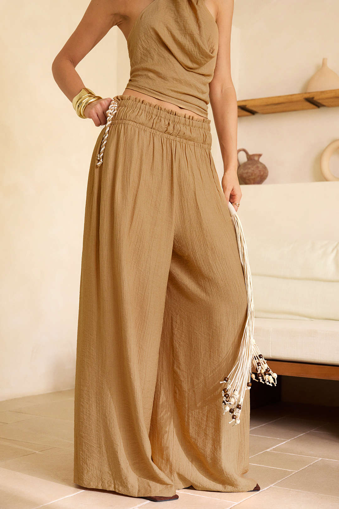 Tie-Up Shirred Waistband Ruched Wide Leg Pants - Image 3