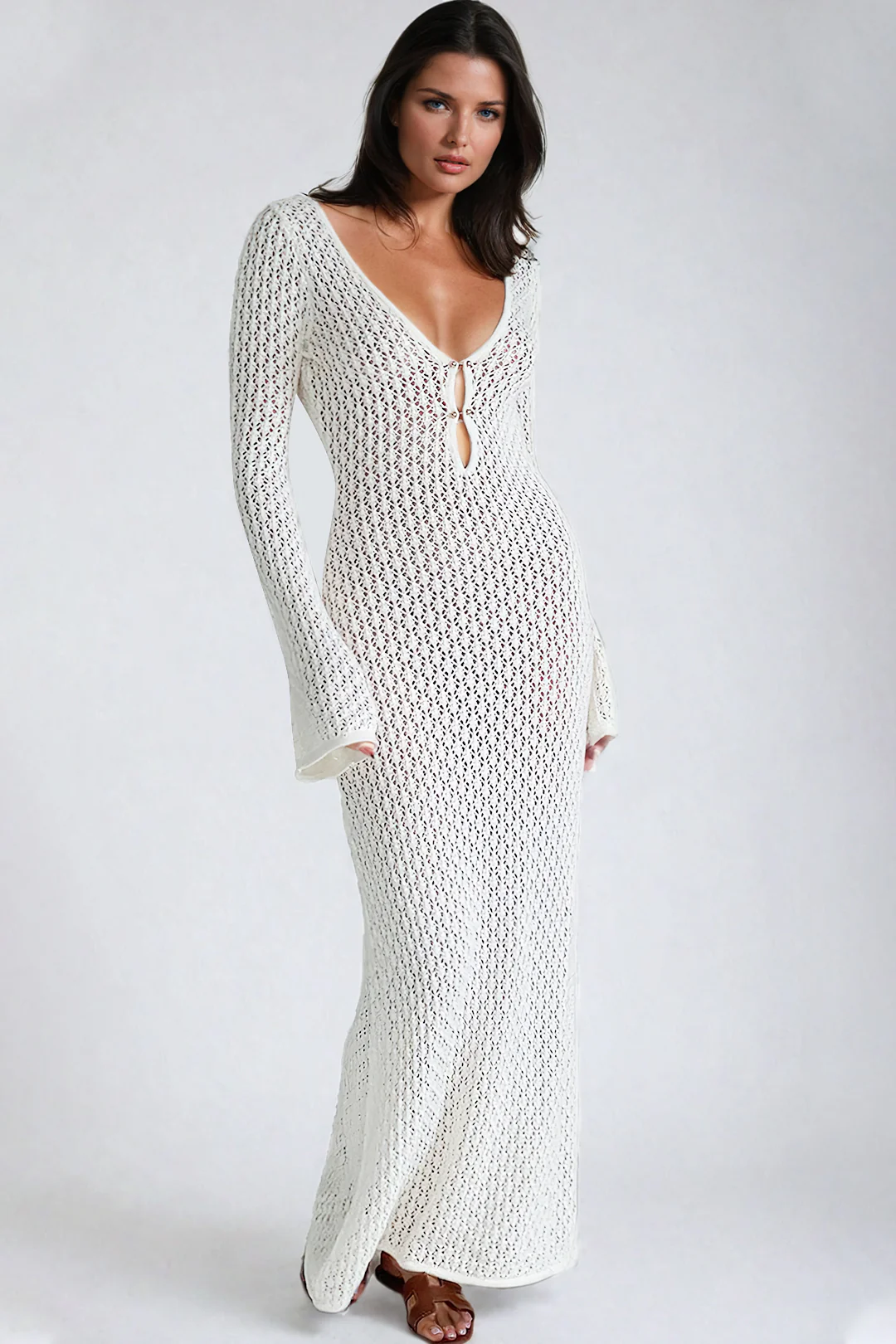 V-neck Crochet Open Knit Long Sleeve Maxi Dress - Image 8