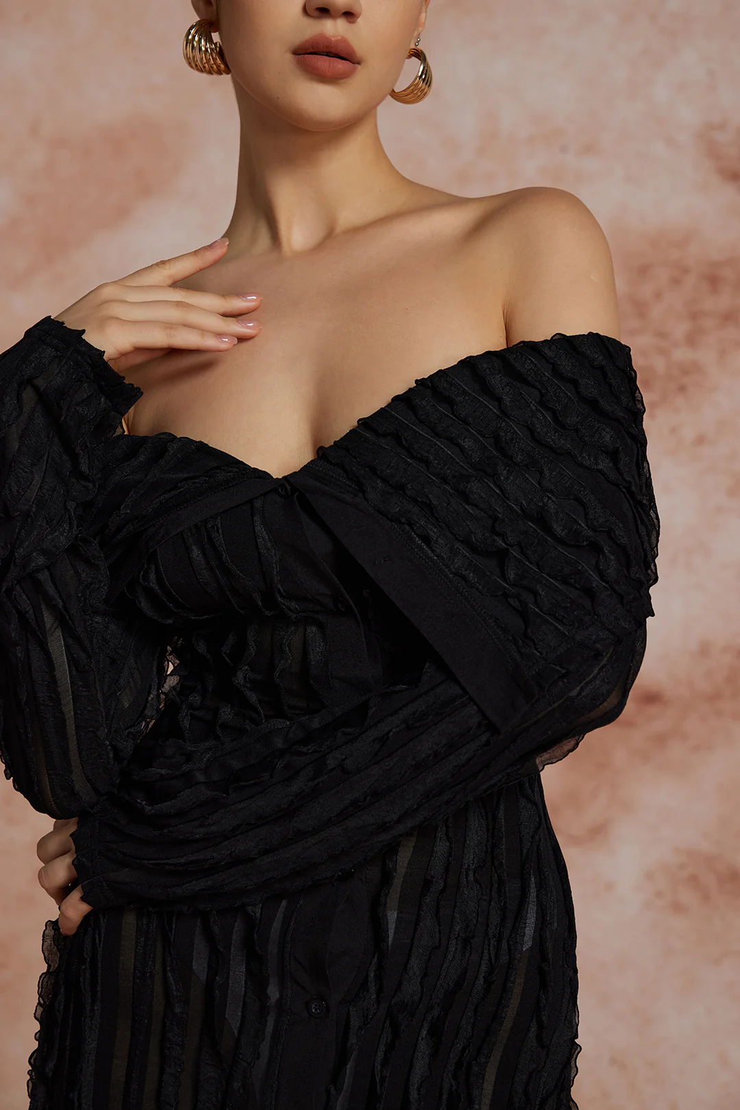 Off Shoulder Textured Button Up Slit Long Sleeve Maxi Dress - Image 8