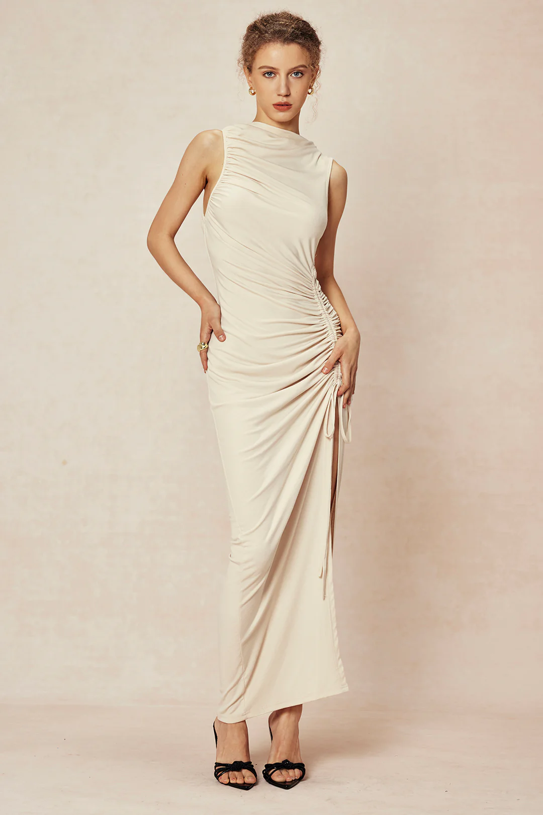 Asymmetric Ruched Drawstring Slit Sleeveless Maxi Dress - Image 7
