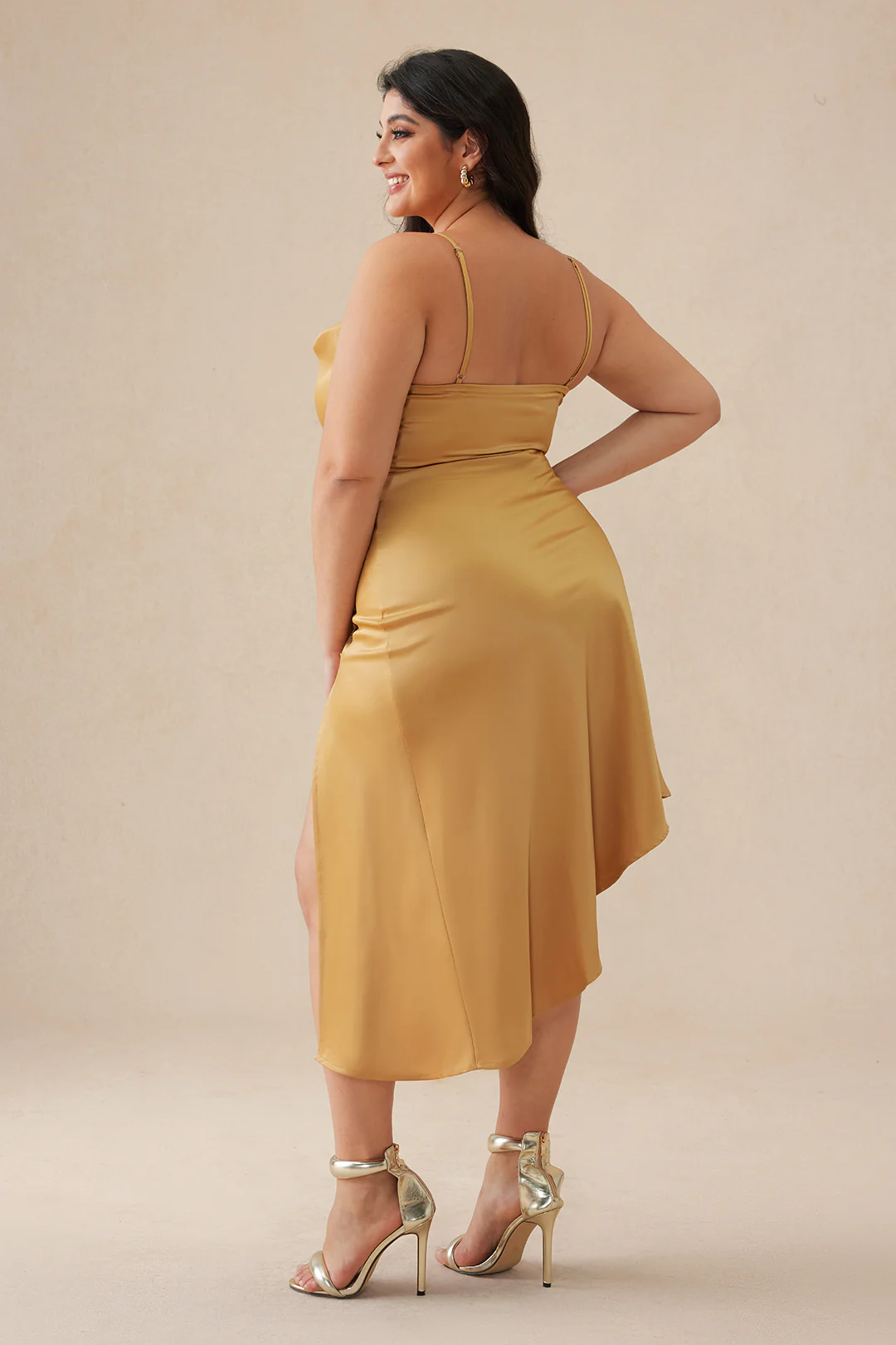 Plus Size Solid Button Draped Cowl Neck Midi Dress - Image 6