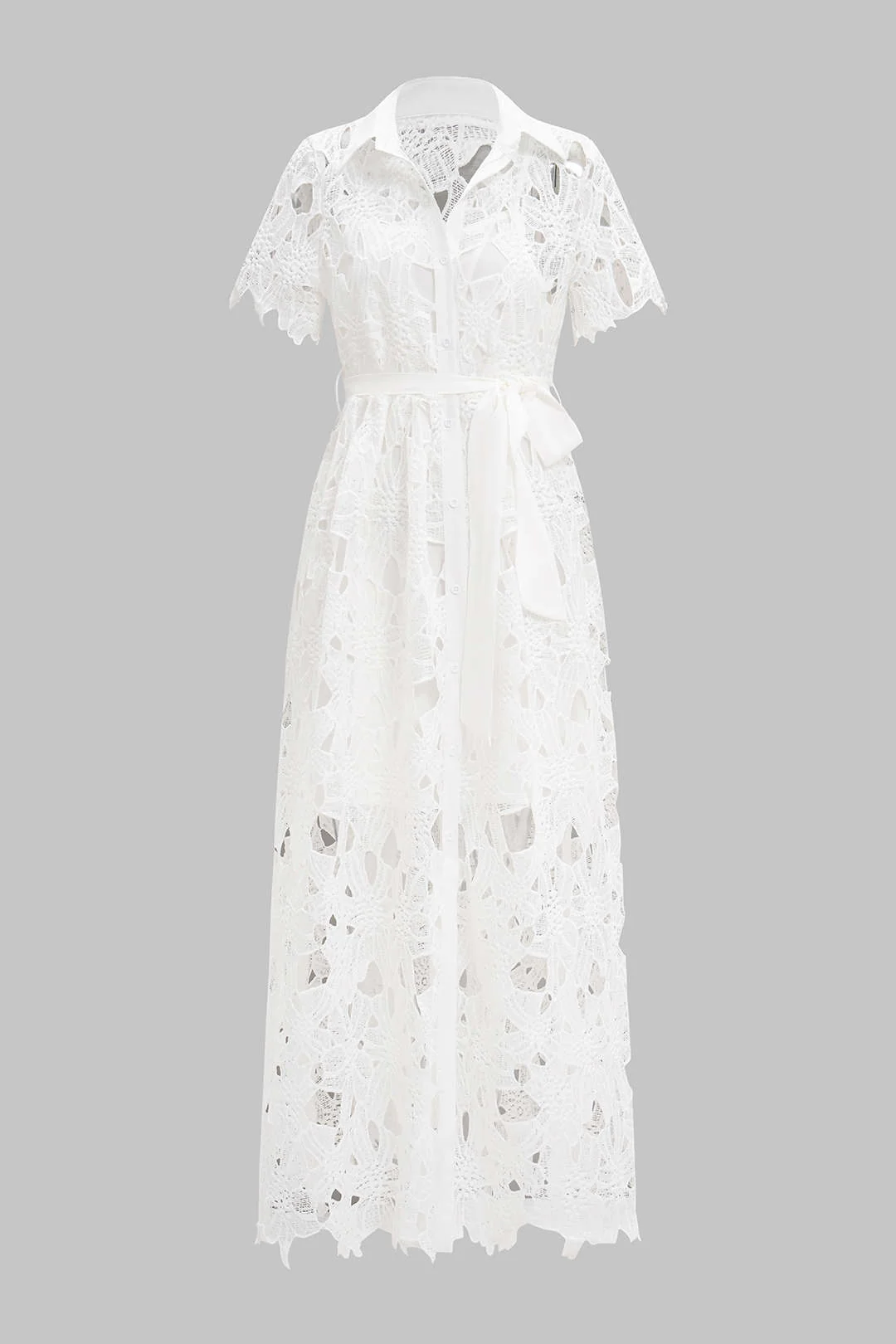 Lace Lapel Tie-Up Button Short Sleeve Maxi Dress - Image 2