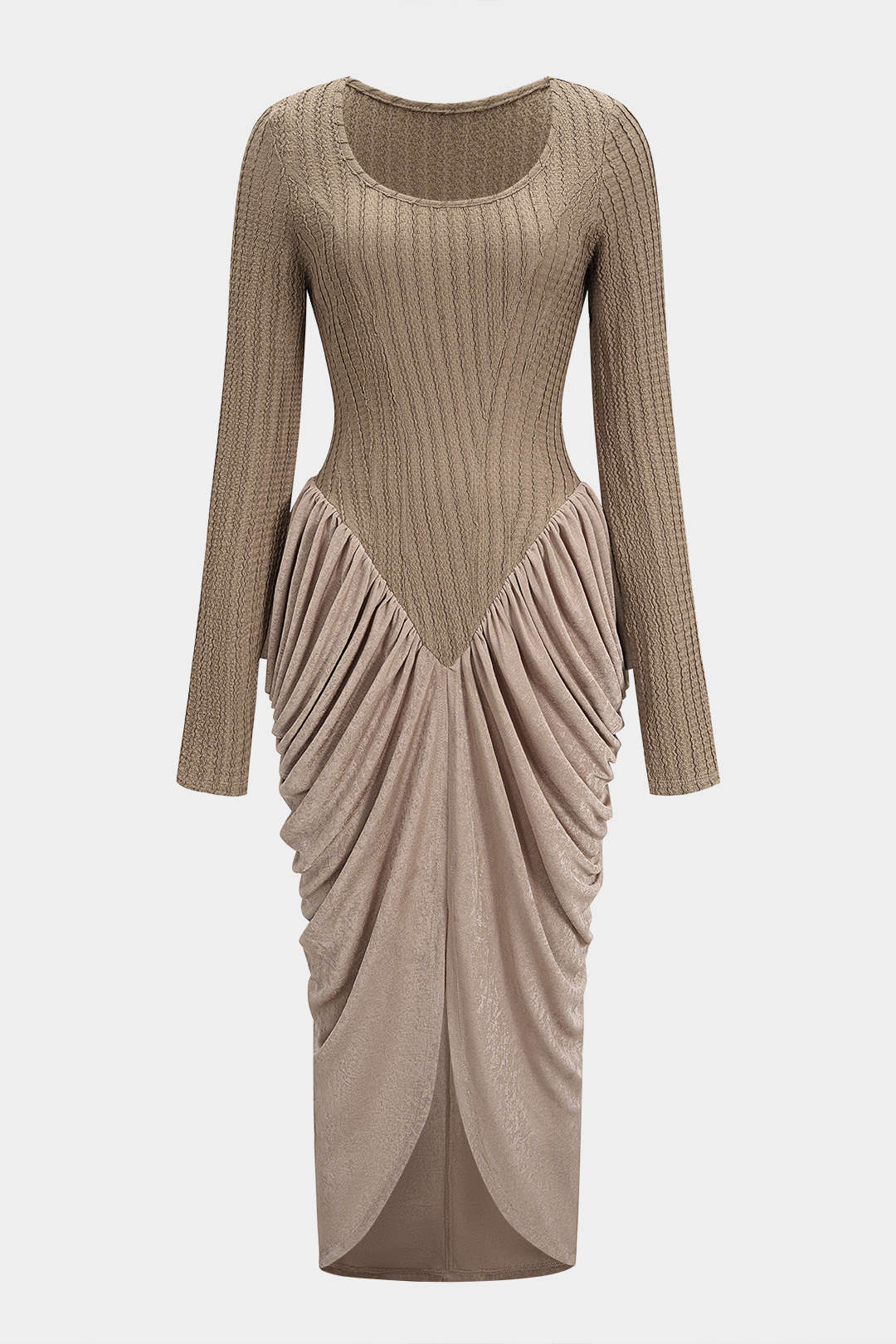 Round Neck Patchwork Ruched Long Sleeve Maxi Dress