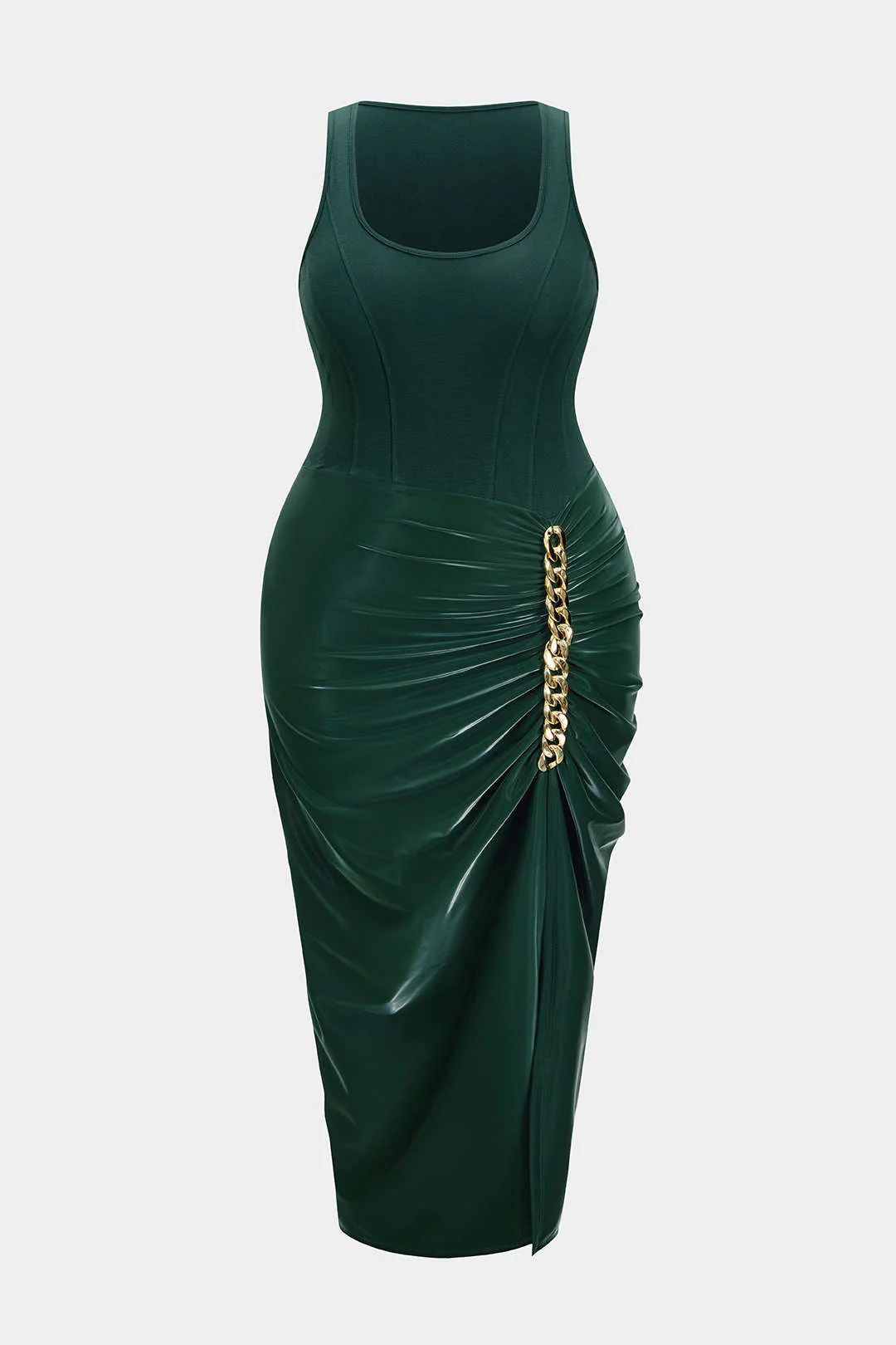 Plus Size Metallic Ruched Square Neck Sleeveless Midi Dress