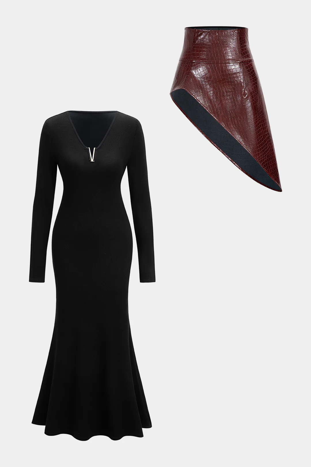 Solid Long-Sleeve Dress And Faux Leather Skirt Set - Image 2