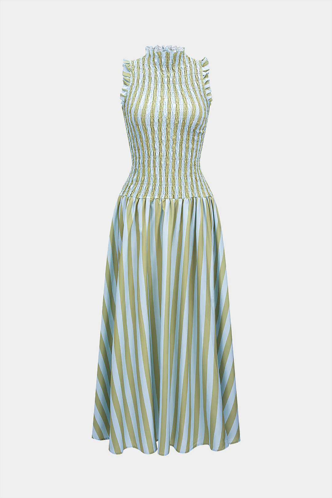 Stripes Print Smocked Scallop Edge Sleeveless Maxi Dress