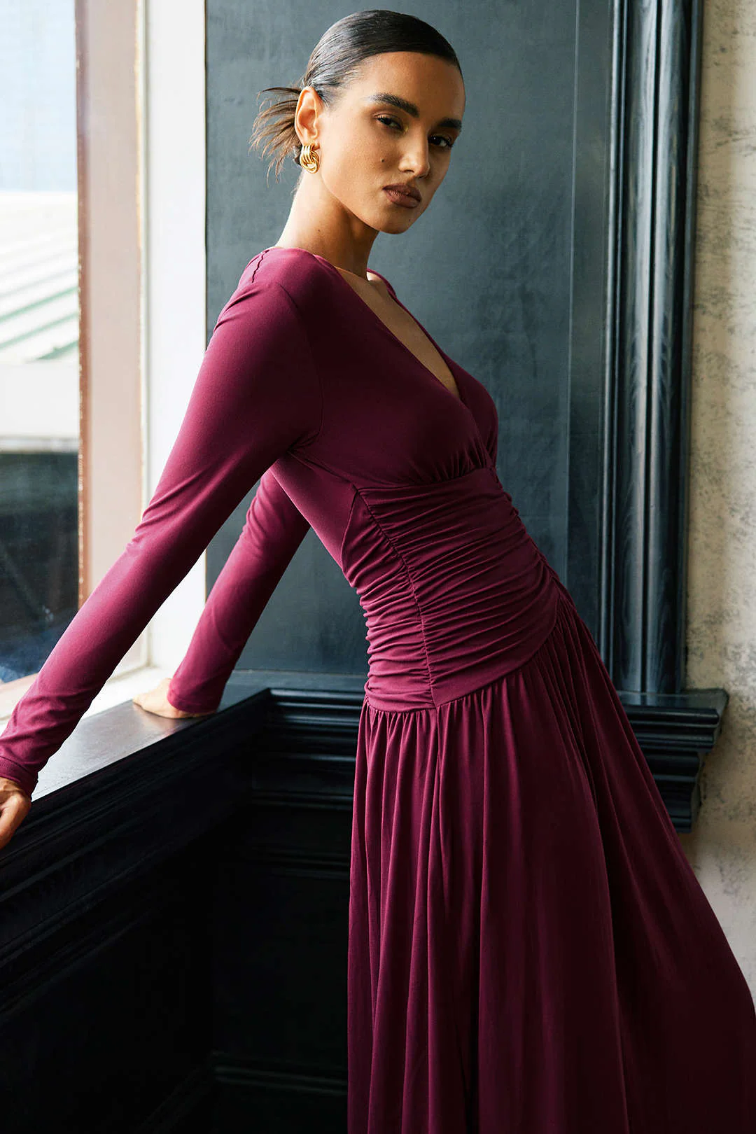 Ruched V-Neck Long Sleeve Maxi Dress - Image 4