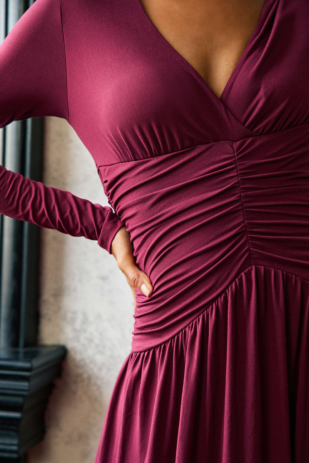 Ruched V-Neck Long Sleeve Maxi Dress - Image 5