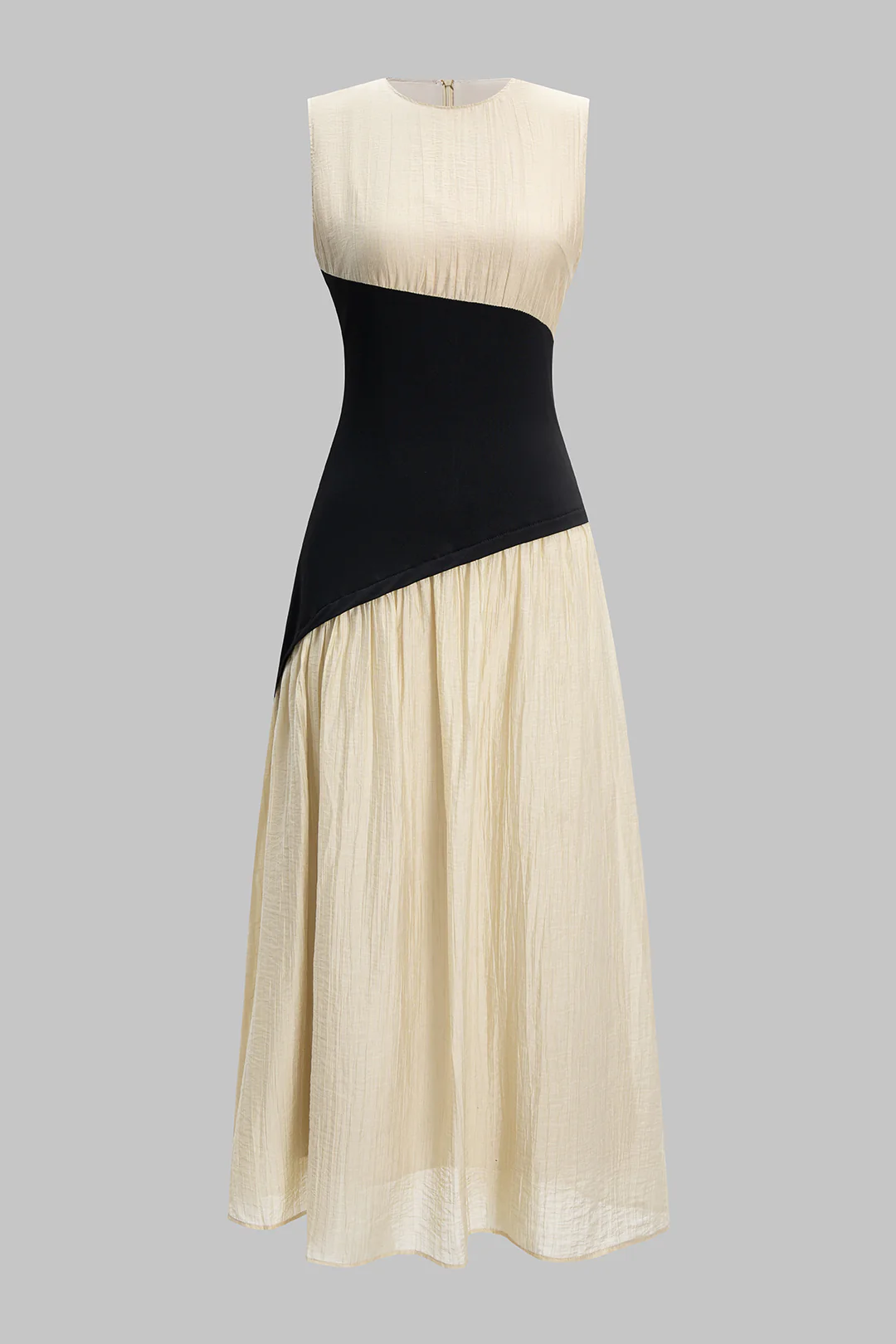 Round Neck Patchwork Ruched Zipper Asymmetrical Tank Sleeveless Maxi Dress