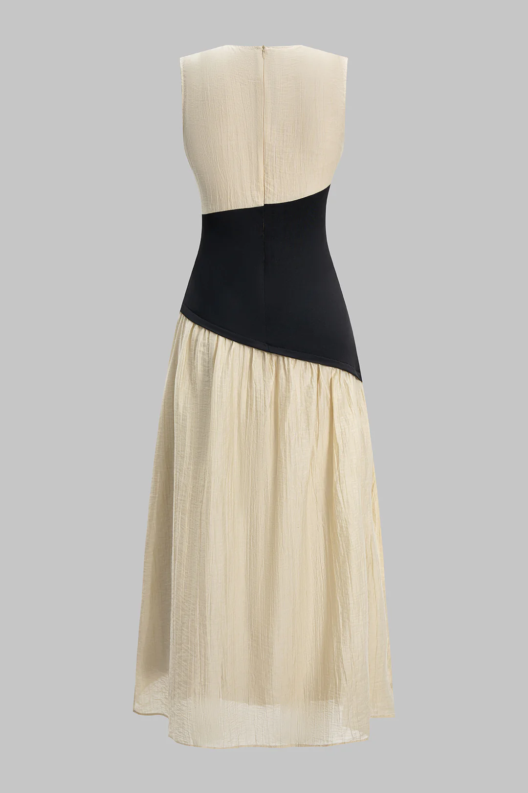 Round Neck Patchwork Ruched Zipper Asymmetrical Tank Sleeveless Maxi Dress - Image 2