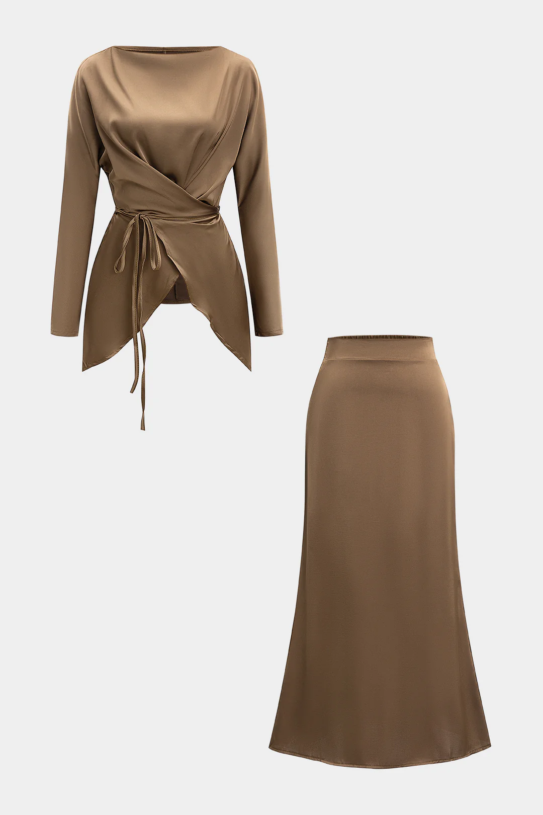 Satin Tie-Up Crossed Long-Sleeve Top And Shirred Waistband Skirt Set