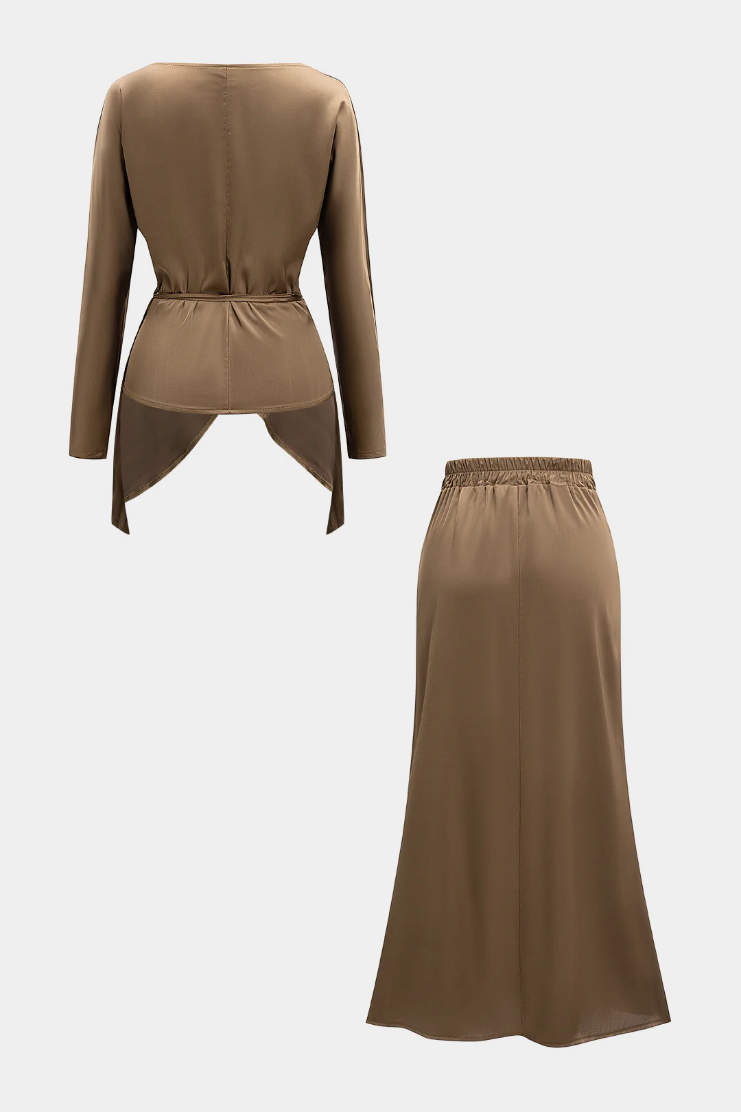 Satin Tie-Up Crossed Long-Sleeve Top And Shirred Waistband Skirt Set - Image 2