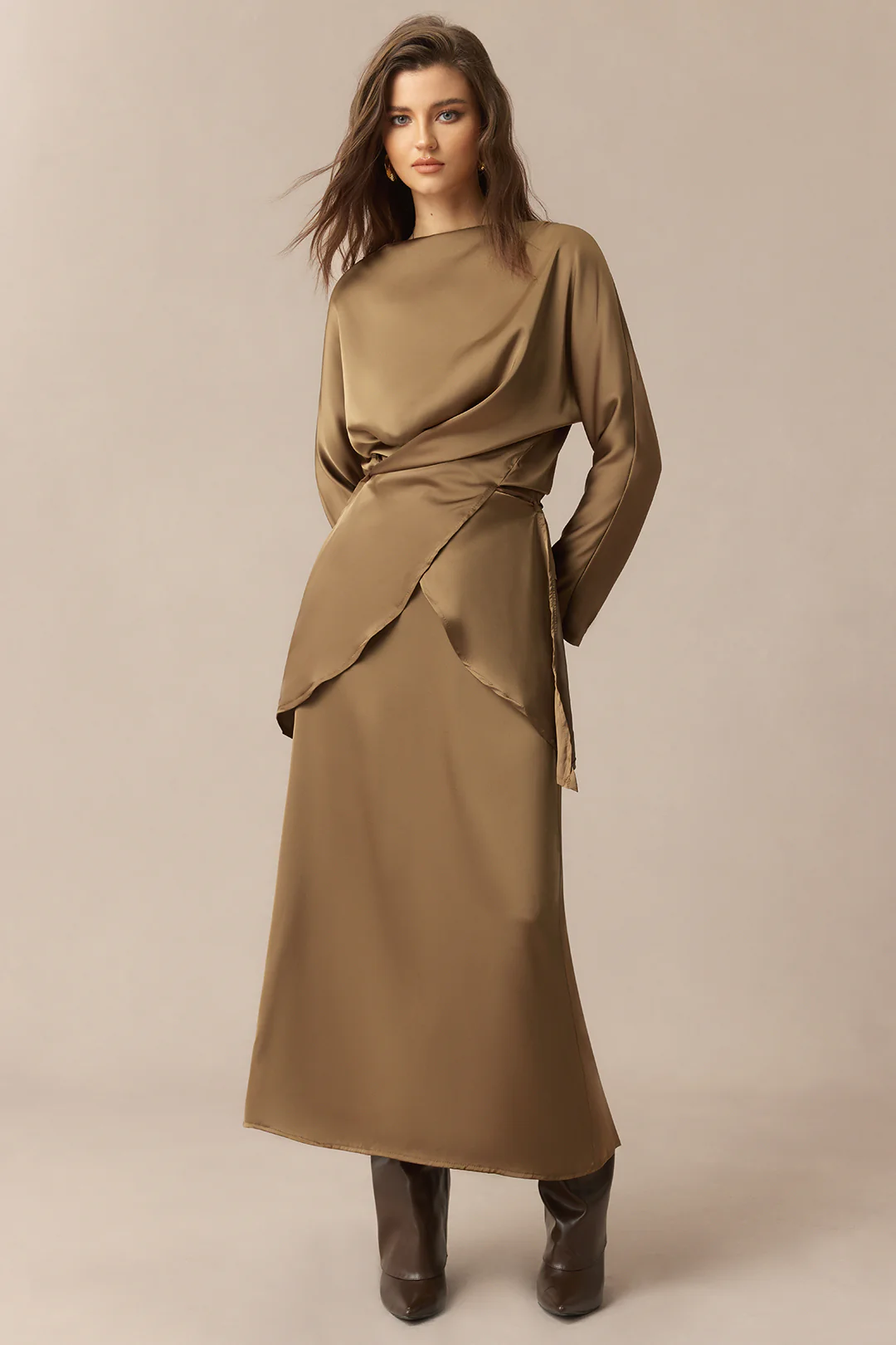 Satin Tie-Up Crossed Long-Sleeve Top And Shirred Waistband Skirt Set - Image 6