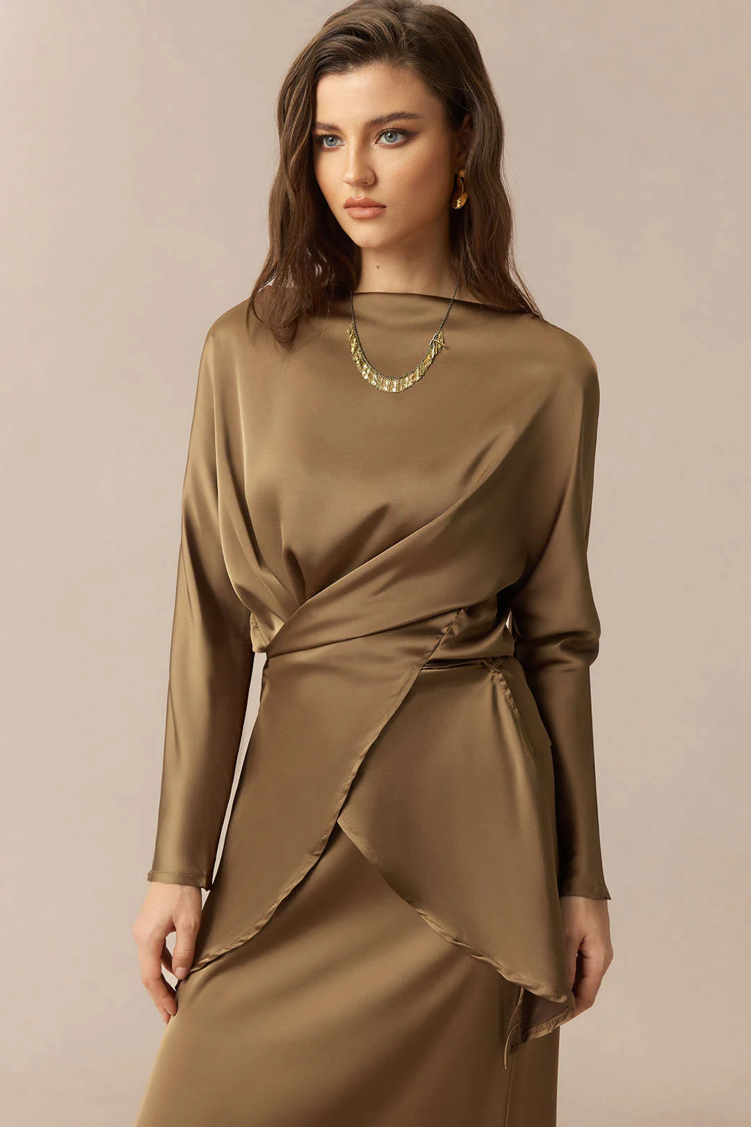 Satin Tie-Up Crossed Long-Sleeve Top And Shirred Waistband Skirt Set - Image 7