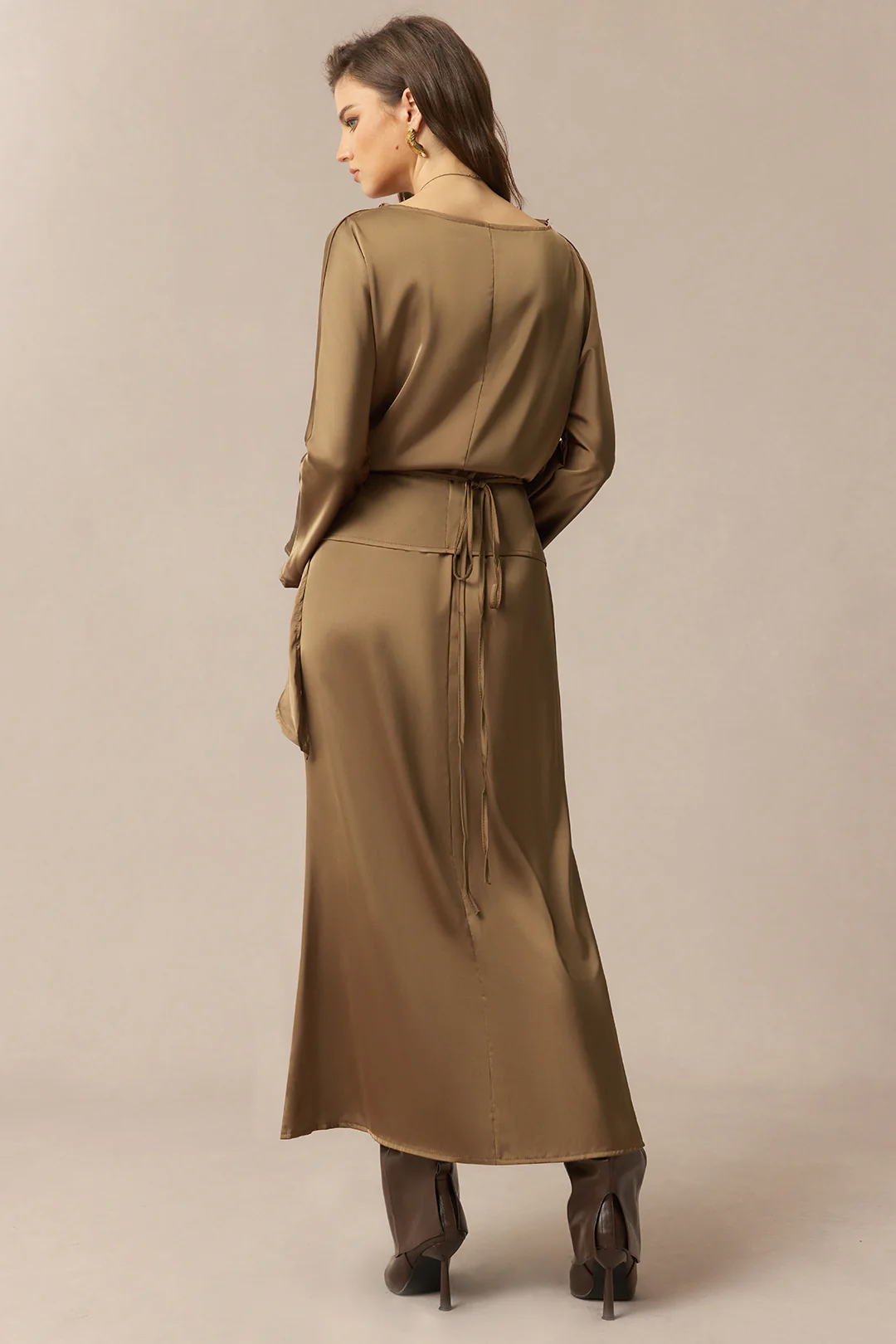 Satin Tie-Up Crossed Long-Sleeve Top And Shirred Waistband Skirt Set - Image 9
