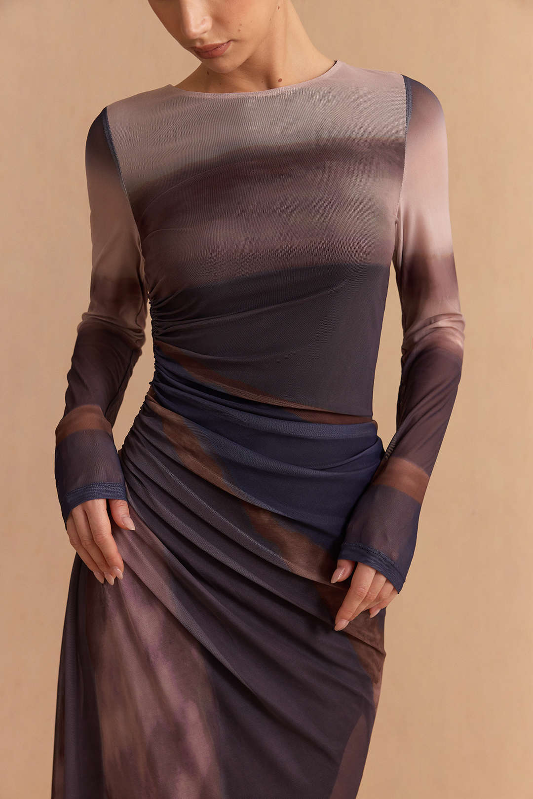 Tie-Dye Print Mesh Ruched Long Sleeve Maxi Dress - Image 3