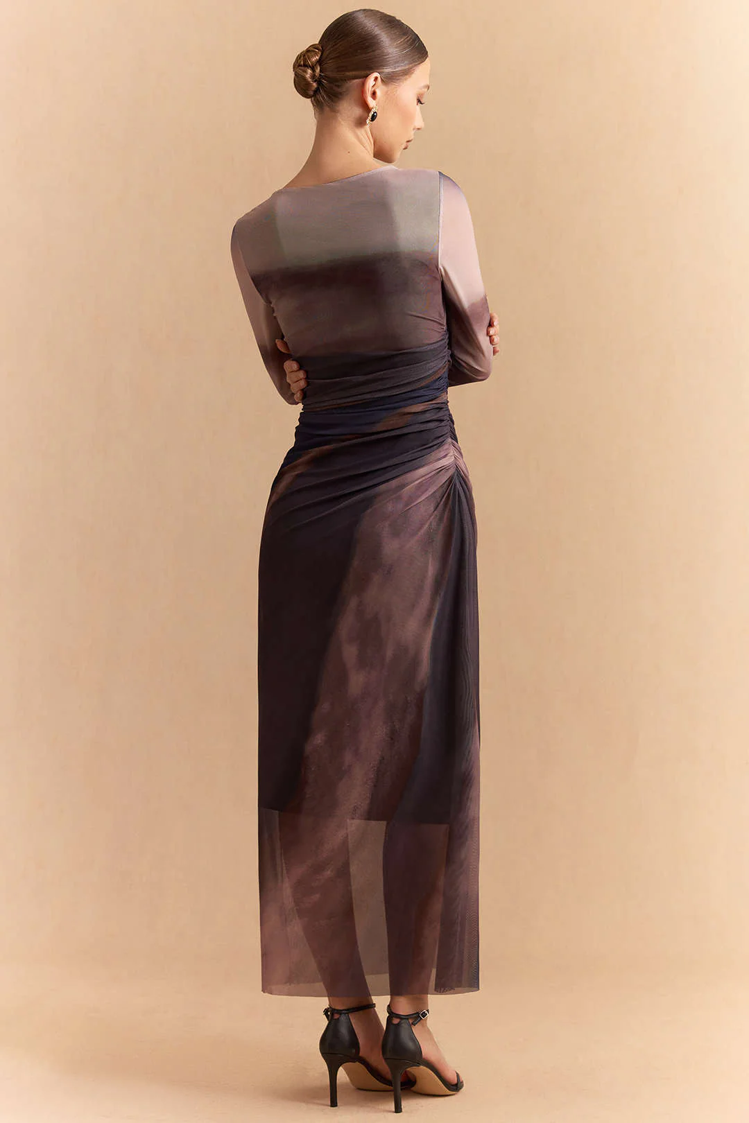 Tie-Dye Print Mesh Ruched Long Sleeve Maxi Dress - Image 4