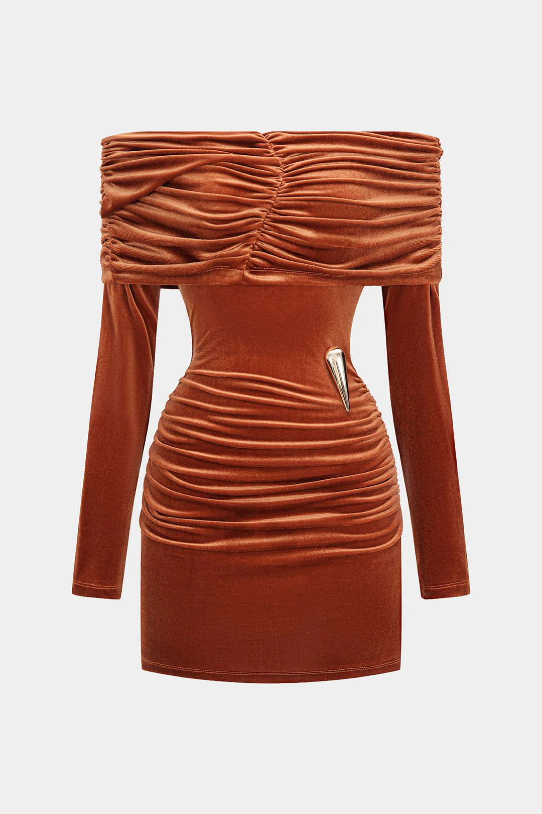 Off Shoulder Metallic Decor Ruched Long Sleeve Mini Dress