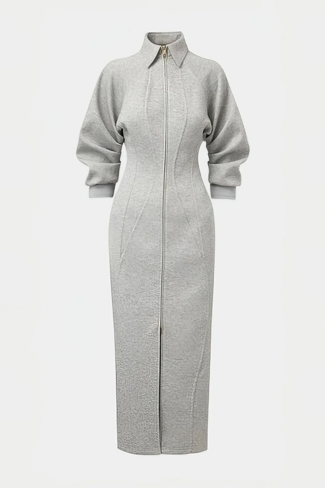Lapel Zipper Long Sleeve Maxi Dress