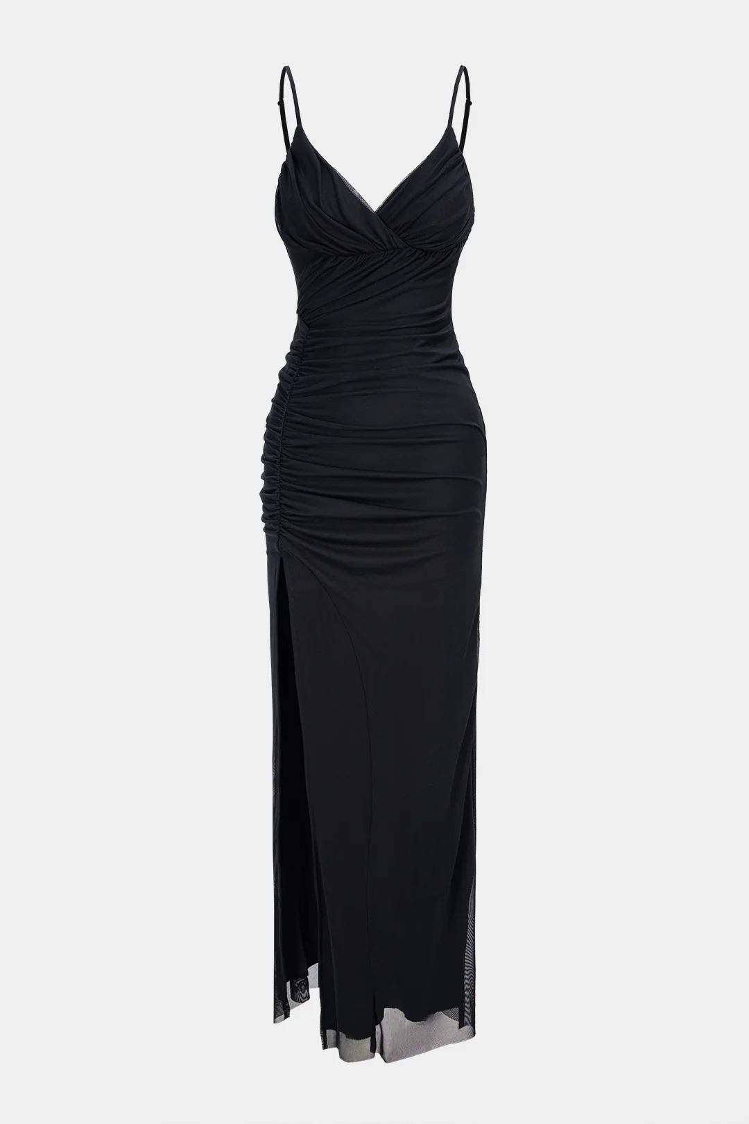 Ruched Mesh Slit Sleeveless Maxi Dress