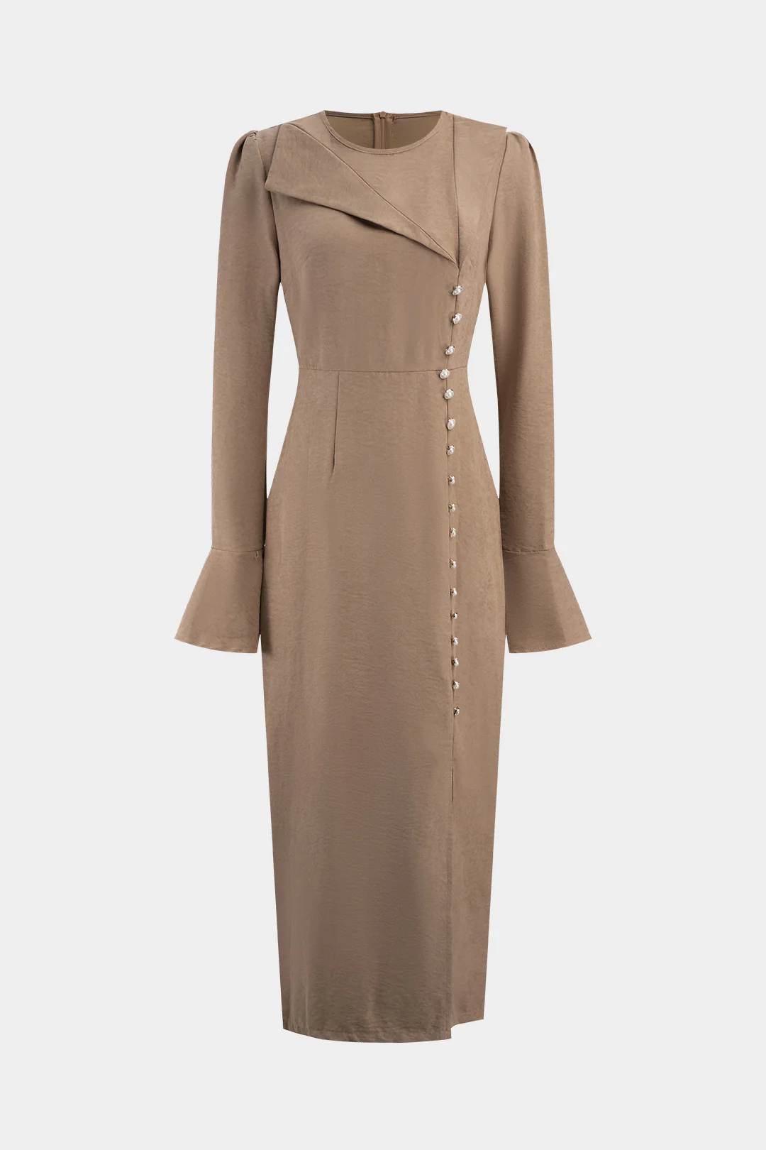 Round Neck Asymmetrical Button Long Sleeve Maxi Dress