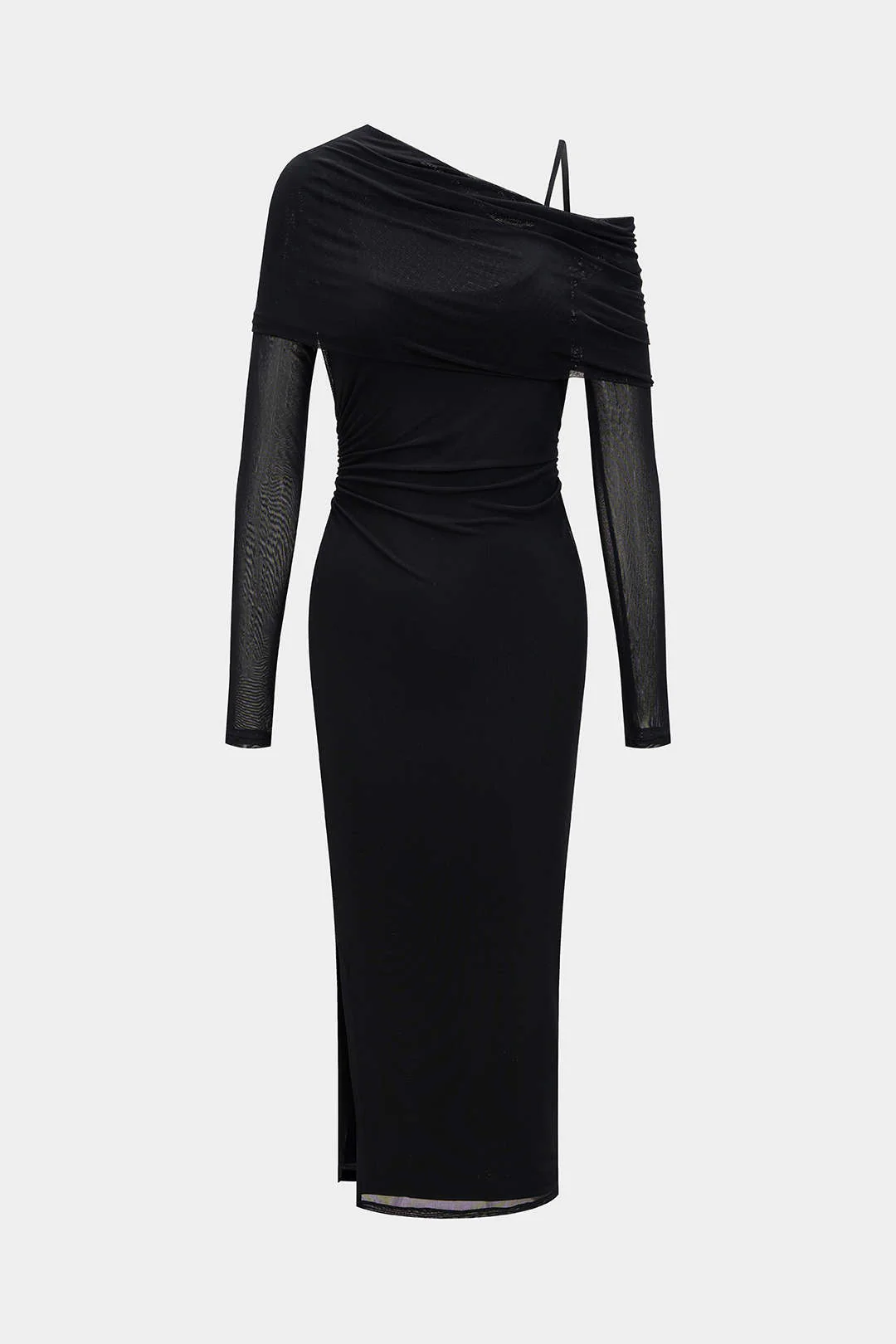 Mesh Asymmetrical Neck Slip Long Sleeve Maxi Dress