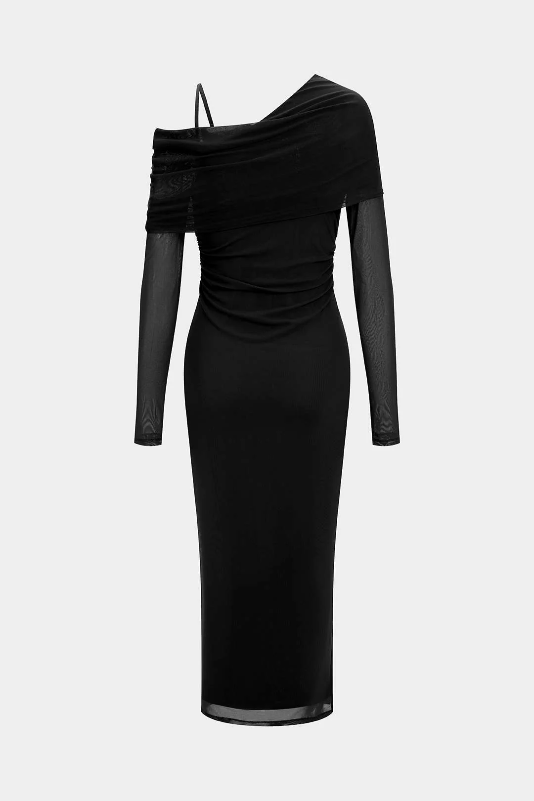Mesh Asymmetrical Neck Slip Long Sleeve Maxi Dress - Image 2