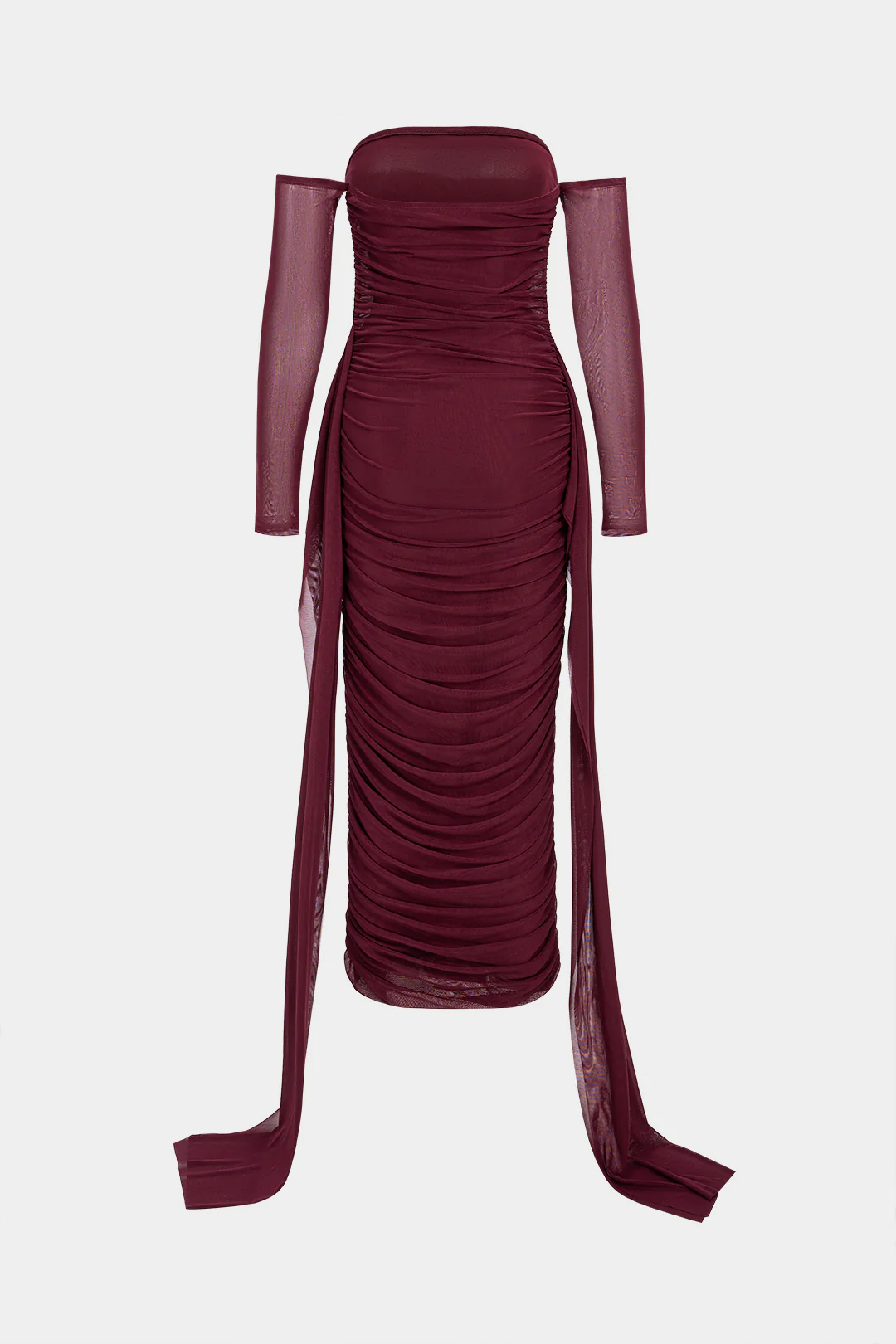 Mesh Off Shoulder Ruched Long Sleeve Maxi Dress - Image 2