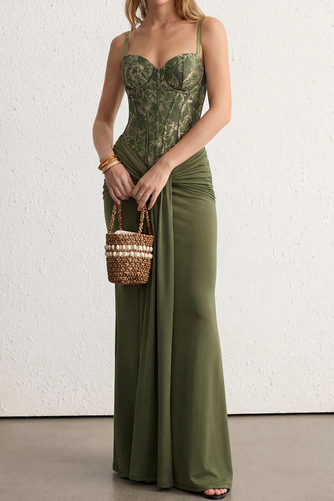 Jacquard Patchwork Ruched Strappy Sleeveless Maxi Dress - Image 7