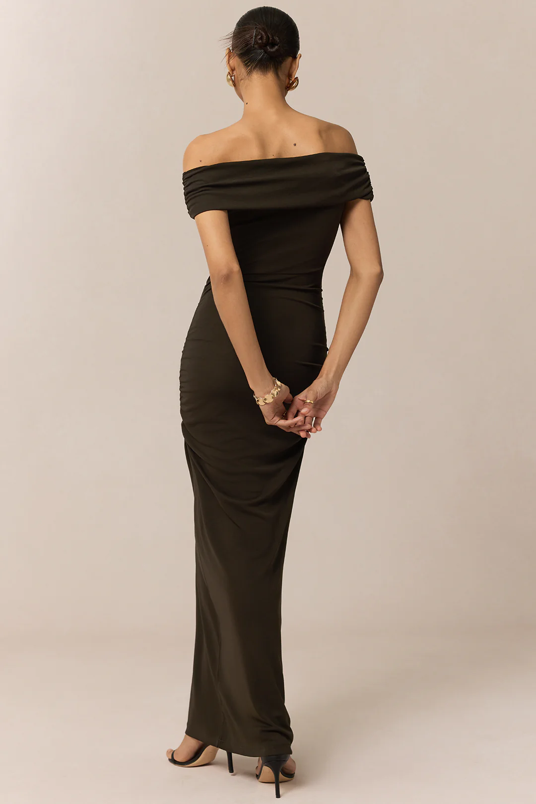 Off Shoulder Metallic Button Maxi Dress - Image 2