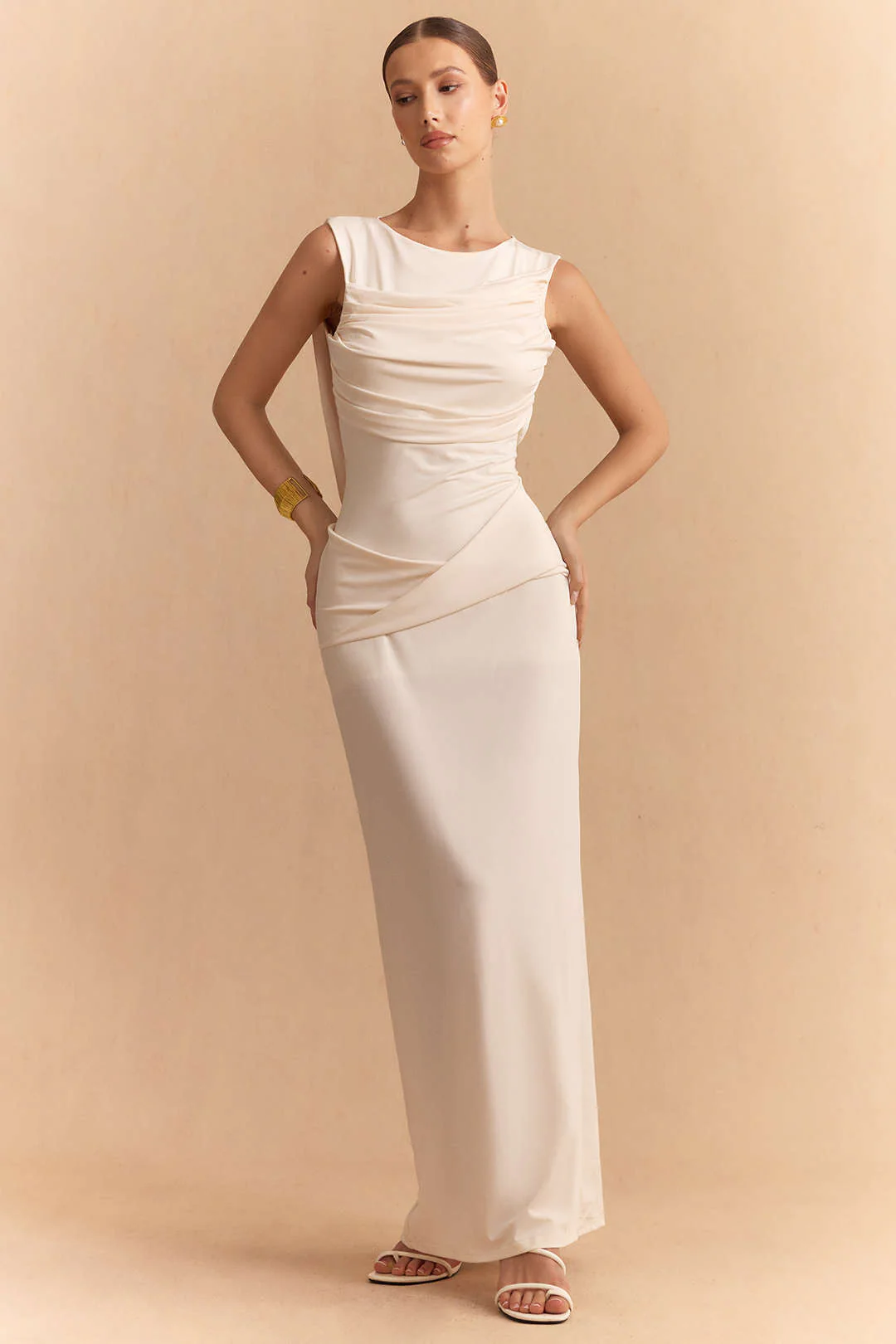 Round Neck Asymmetrical Ruched Backless Sleeveless Maxi Dress