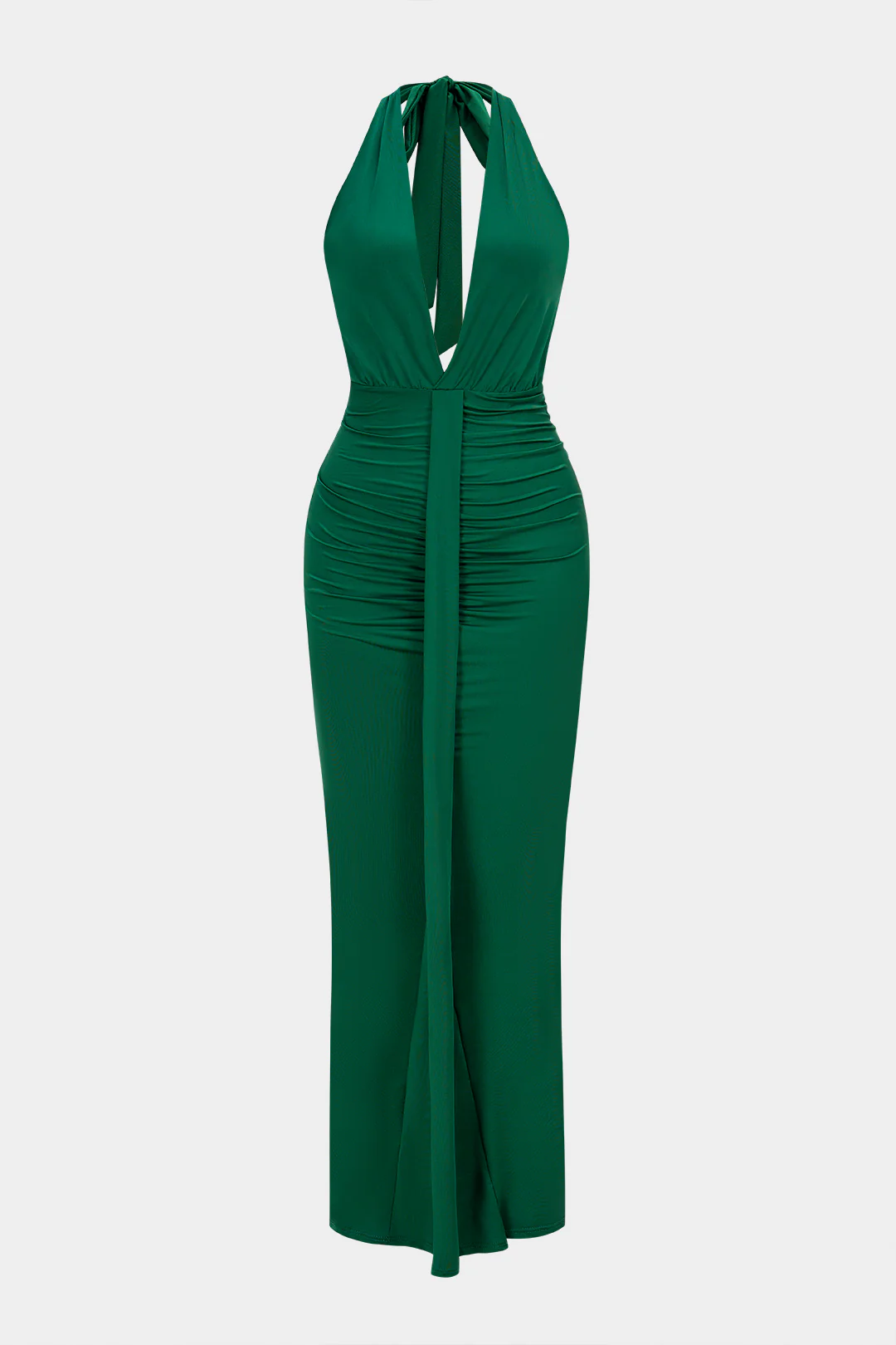 Halter Deep V-Neck Tie Back Ruched Sleeveless Maxi Dress