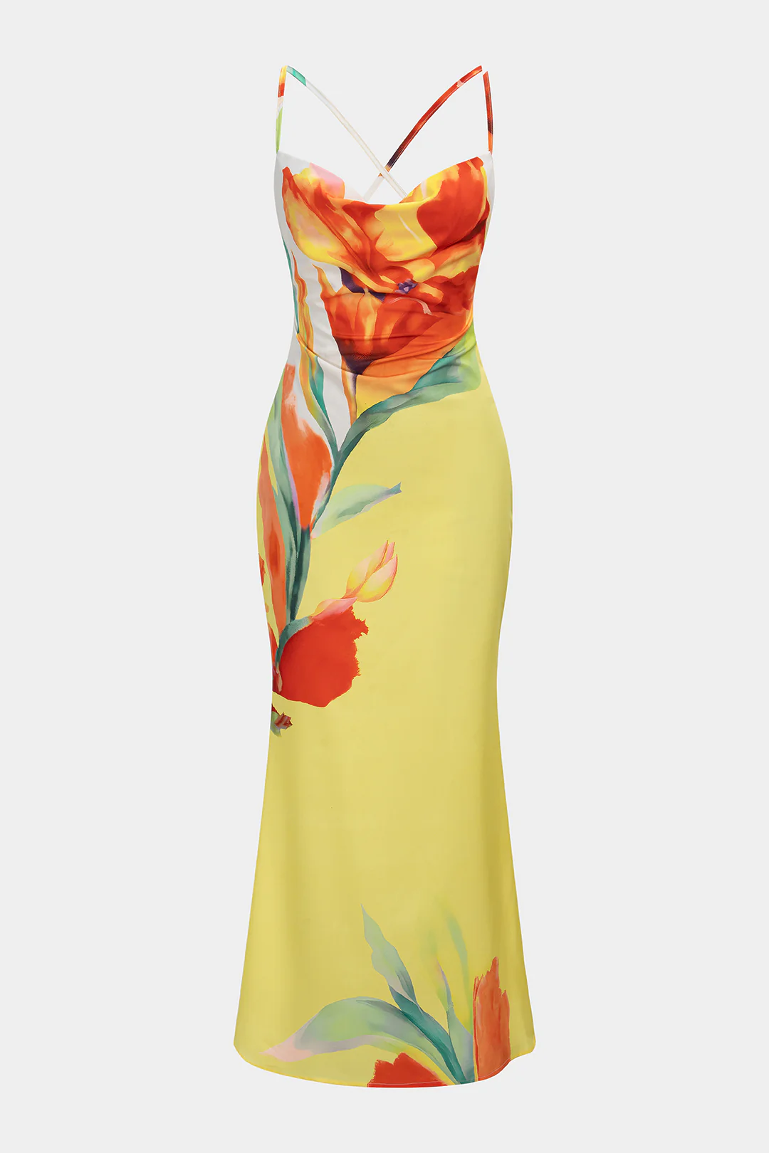 Floral Print Draped Cowl Neck Crossed Backless Slip Sleeveless Maxi Dress