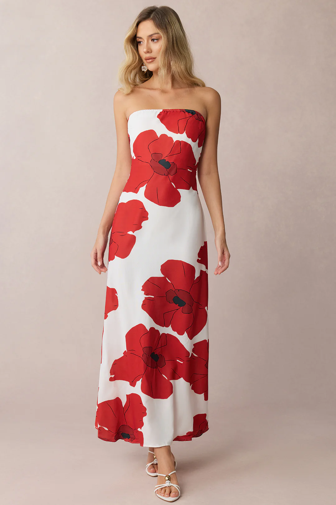 Contrast Floral Print Strapless Sleeveless Maxi Dress