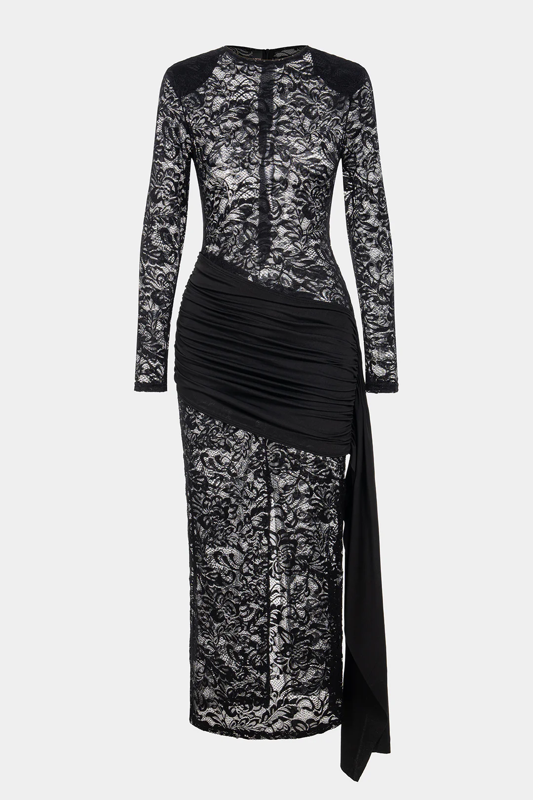 Sheer Lace Round Neck Asymmetrical Ruched Tie-Up Long Sleeve Midi Dress
