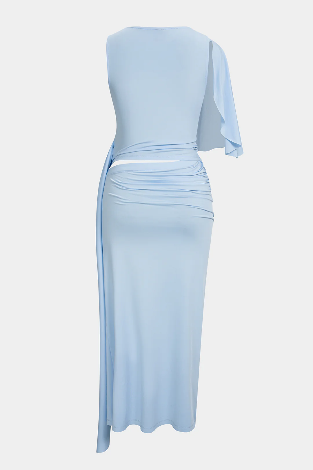 Solid V-Neck Asymmetrical Ruched Sleeveless Maxi Dress - Image 2