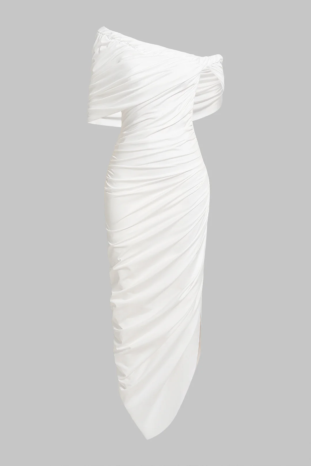 Off Shoulder Asymmetrical Ruched Sleeveless Midi Dress